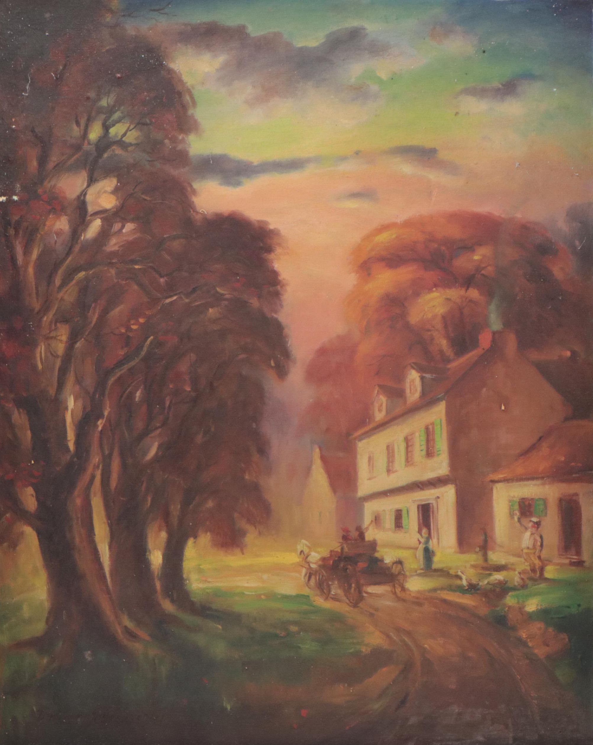 Dan Burne Jones Residential Landscape at Sunset Oil Painting, Mid-20th Century