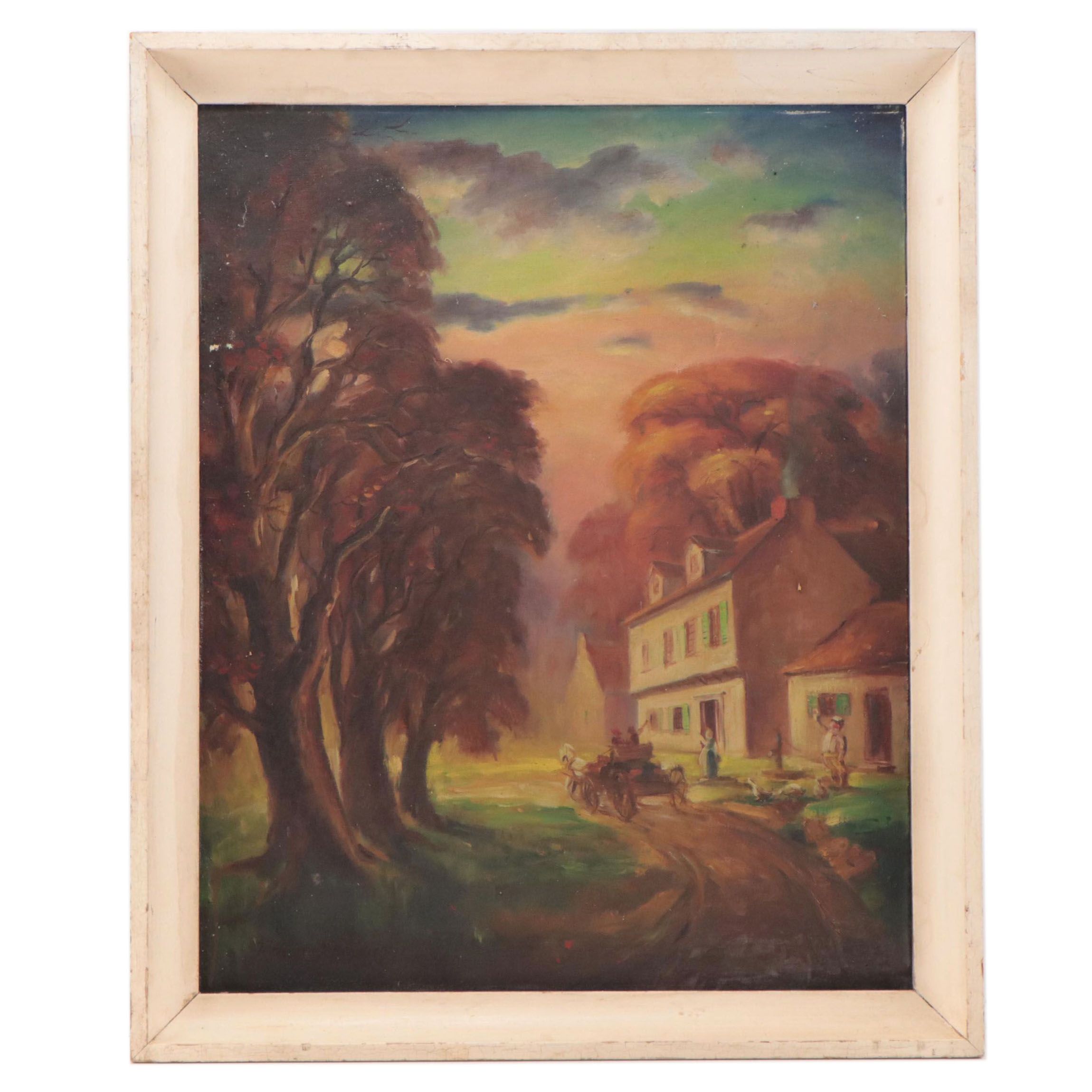 Dan Burne Jones Residential Landscape at Sunset Oil Painting, Mid-20th Century