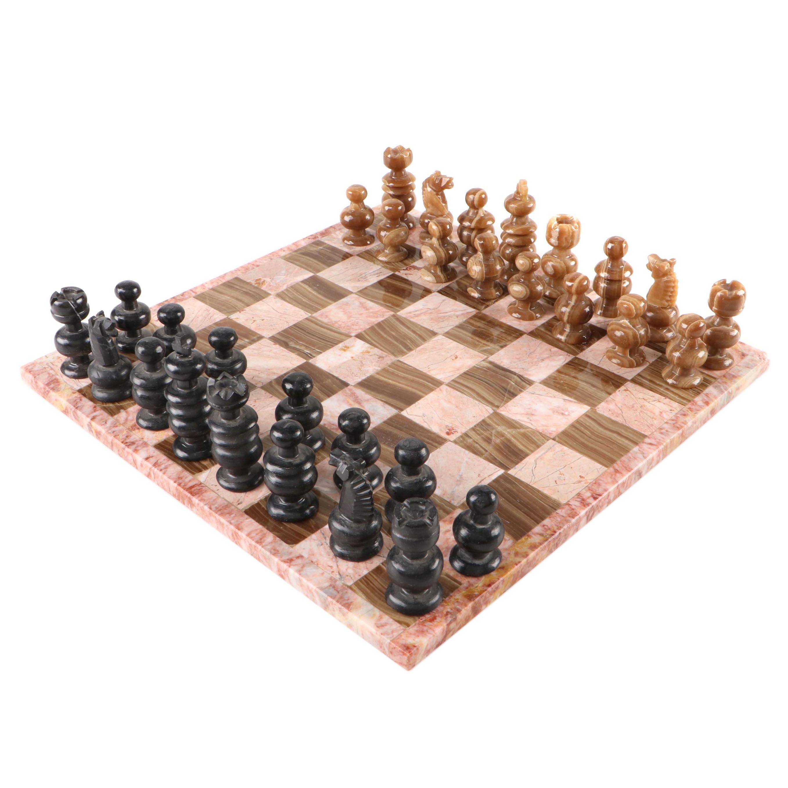 Pink Marble and Agate Chess Board with Carved Stone Pieces
