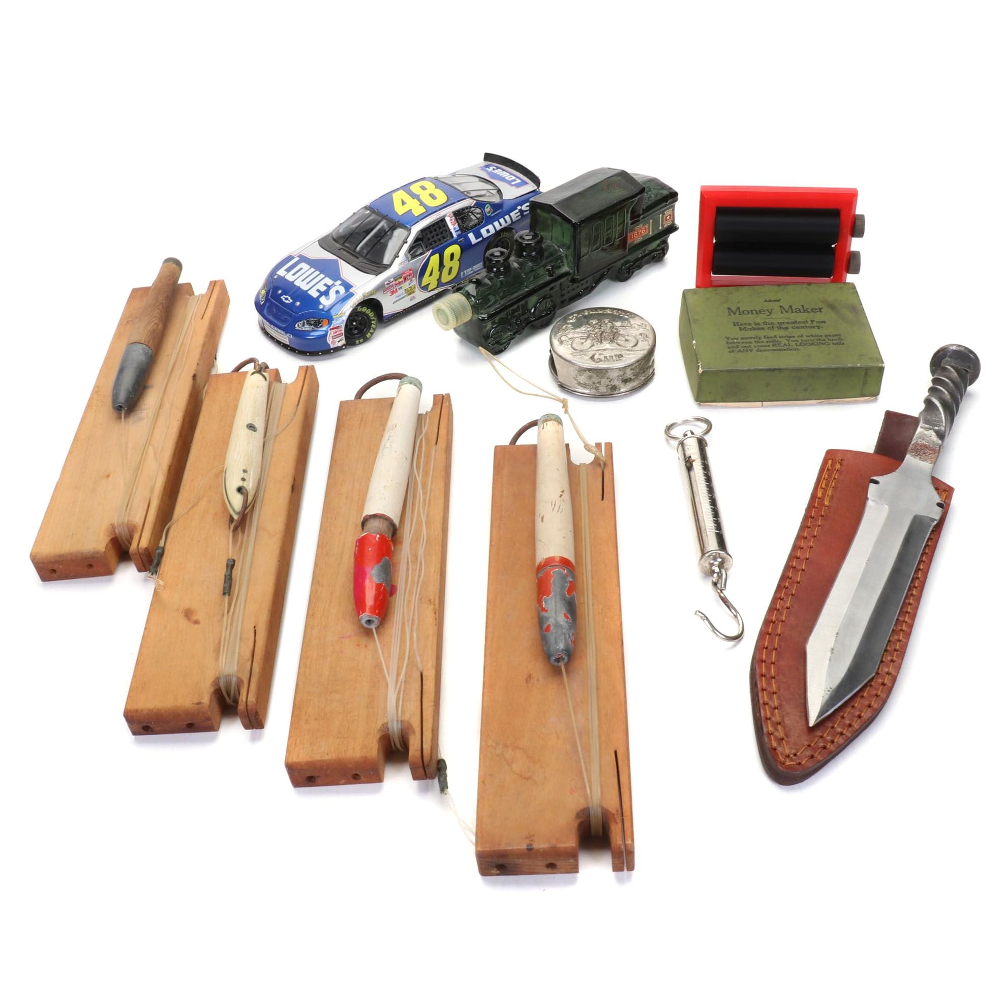 Fishing Lures with Knife, Decanter, Diecast Car, More Collectibles, Late 20th C.