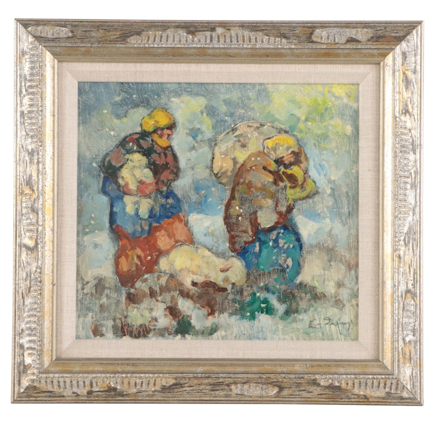 Post Impressionist Style Oil Painting of Peasants With Sheep