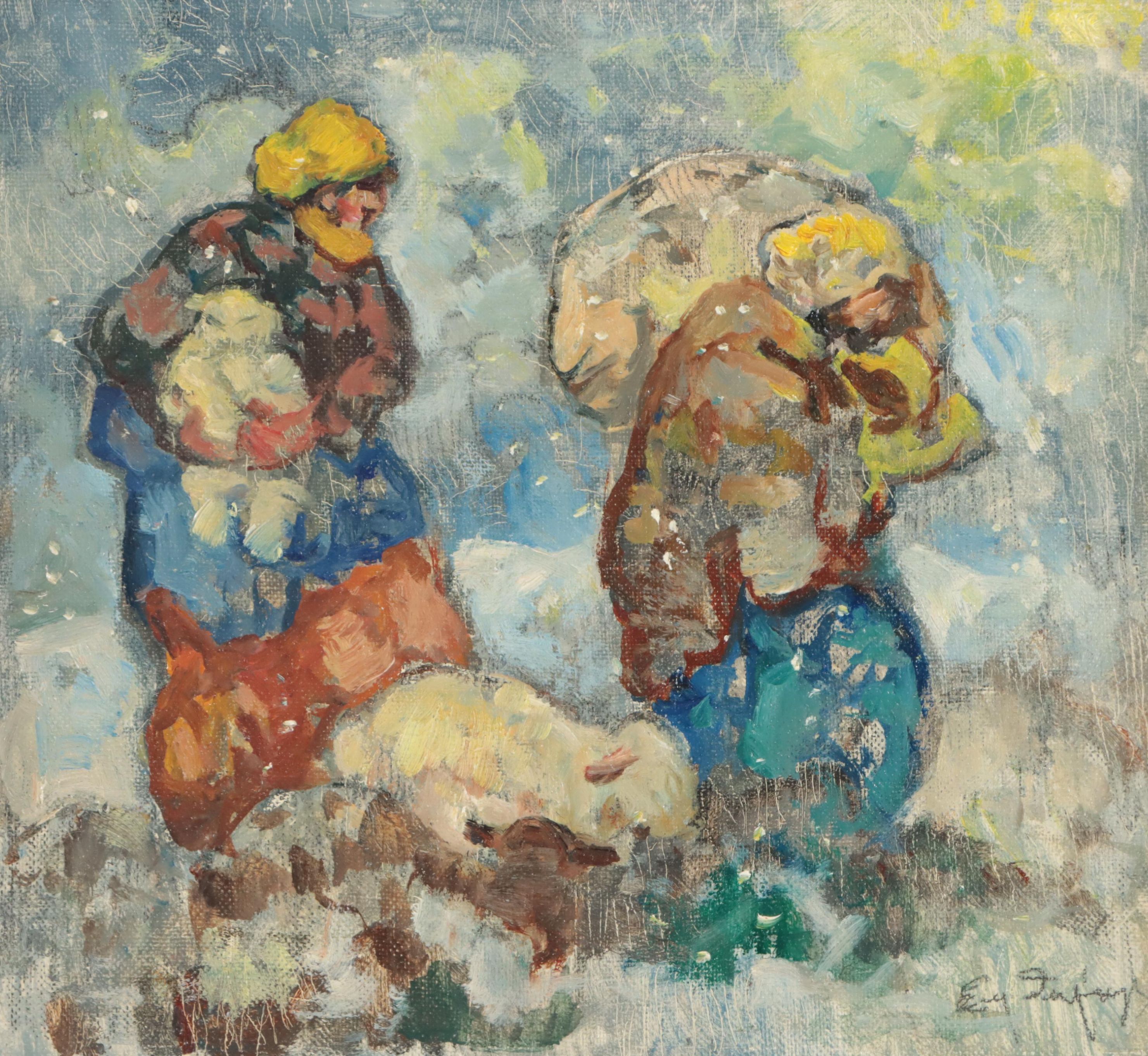 Post Impressionist Style Oil Painting of Peasants With Sheep