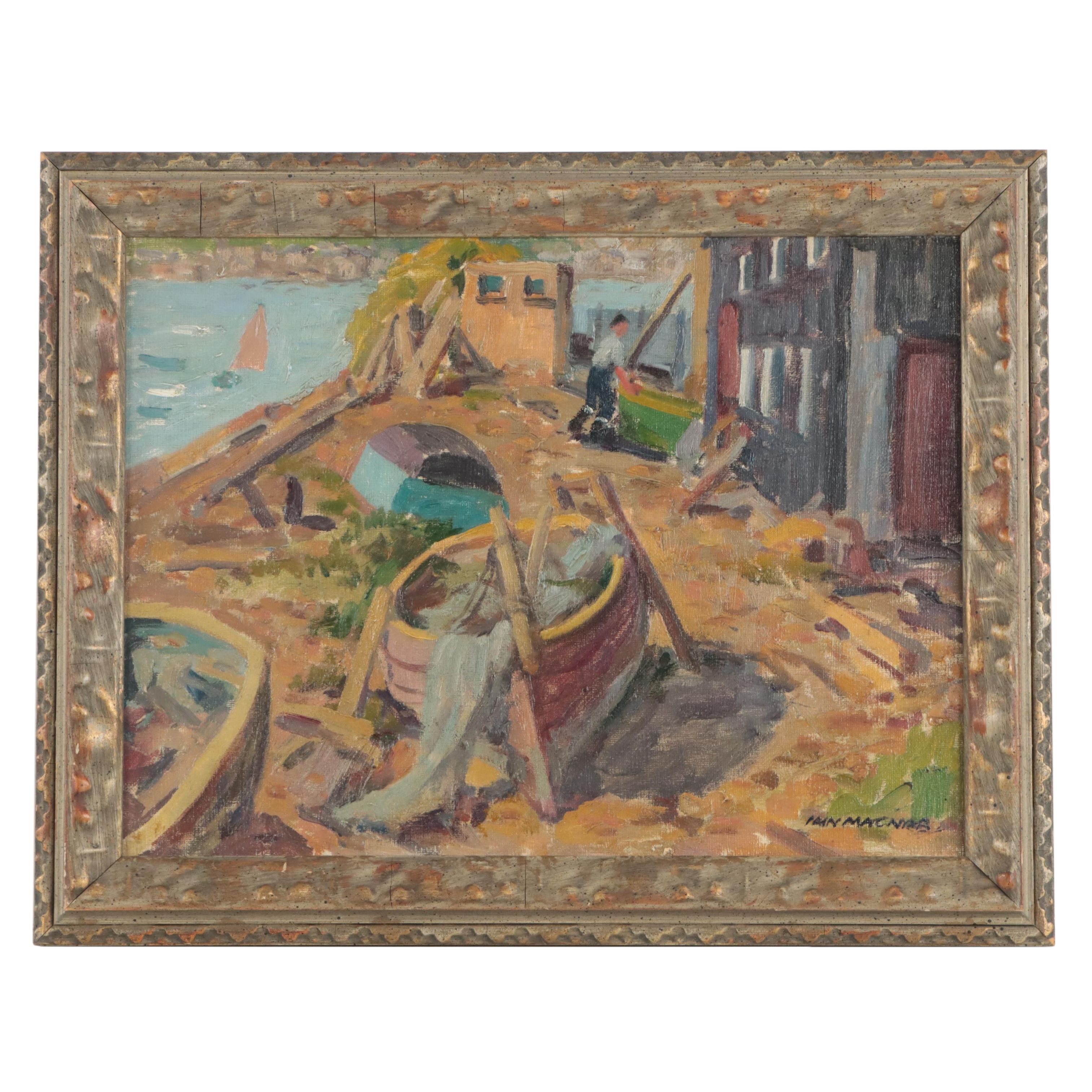 Iain Macnab Oil Painting of Shipyard, Mid-20th Century