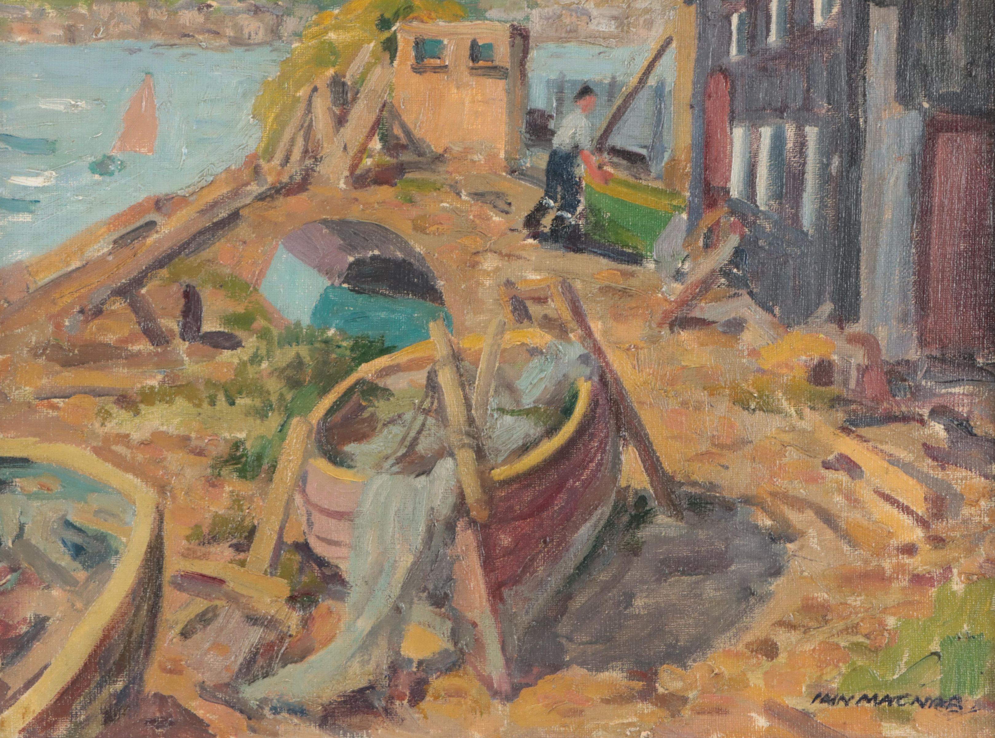 Iain Macnab Oil Painting of Shipyard, Mid-20th Century
