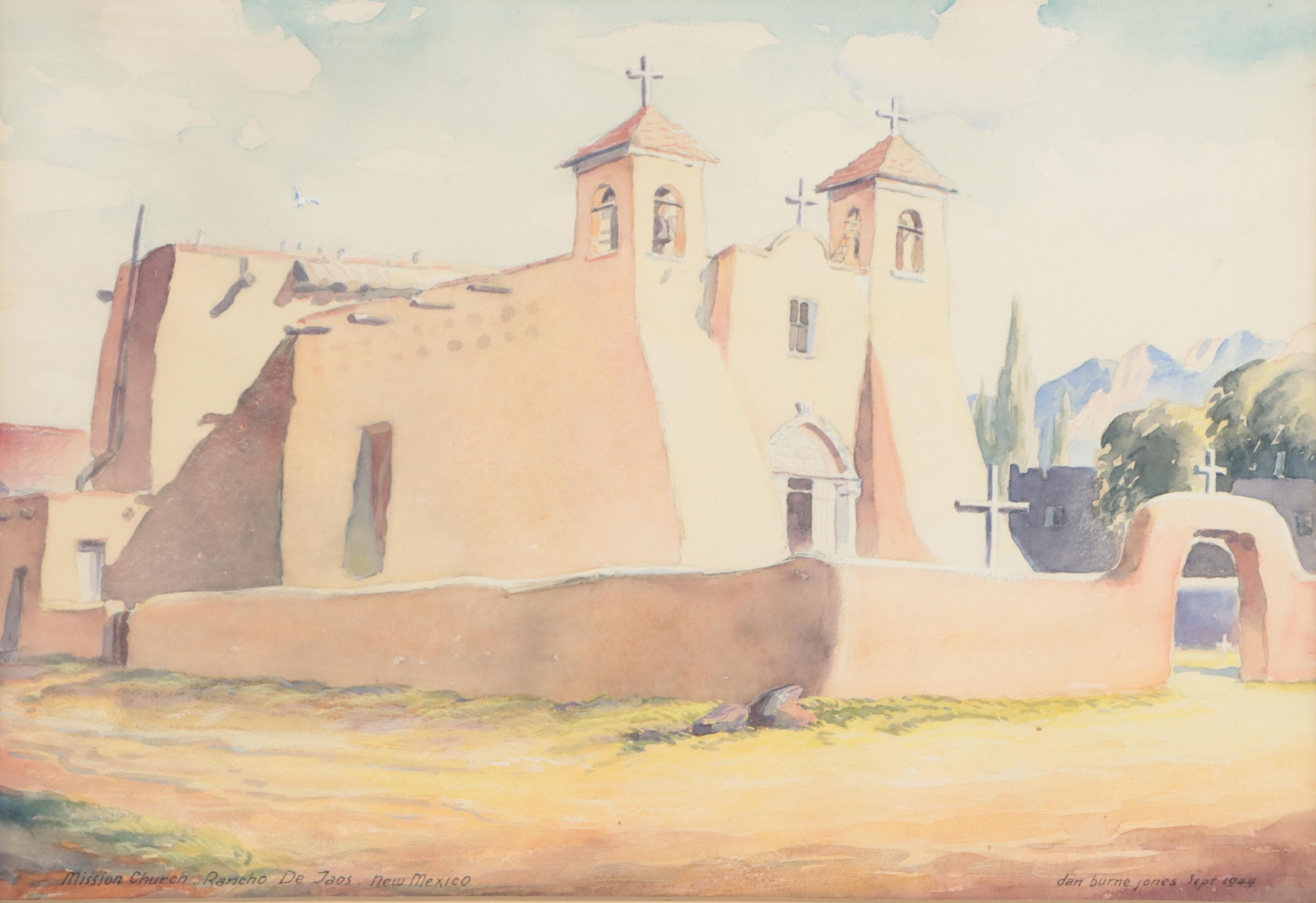 Dan Burne Jones Watercolor Painting "Mission Church," 1944