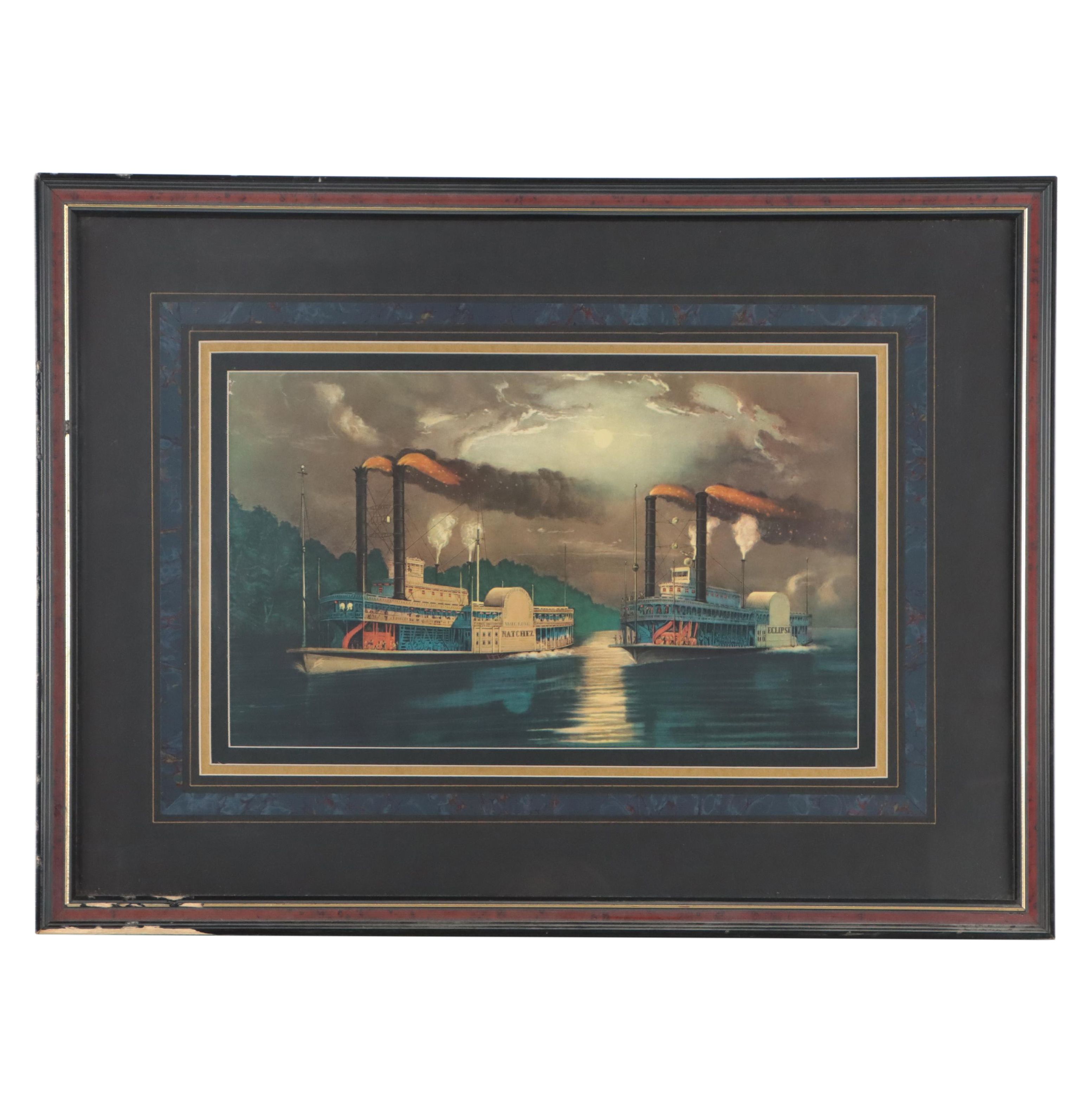 Offset Lithograph After Fanny Palmer "A Midnight Race on the Mississippi"