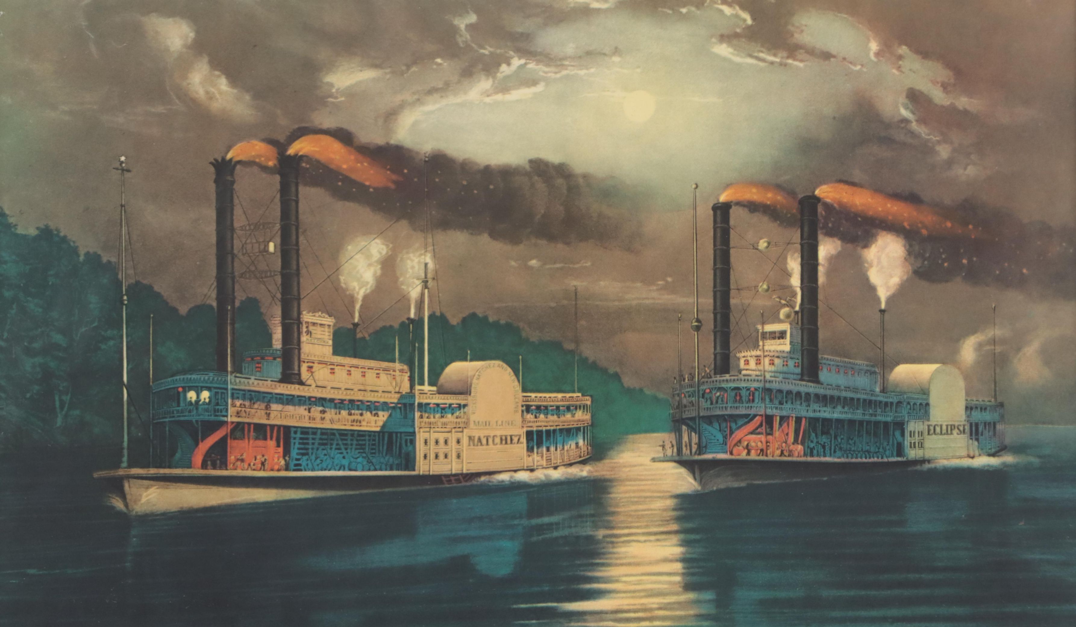 Offset Lithograph After Fanny Palmer "A Midnight Race on the Mississippi"