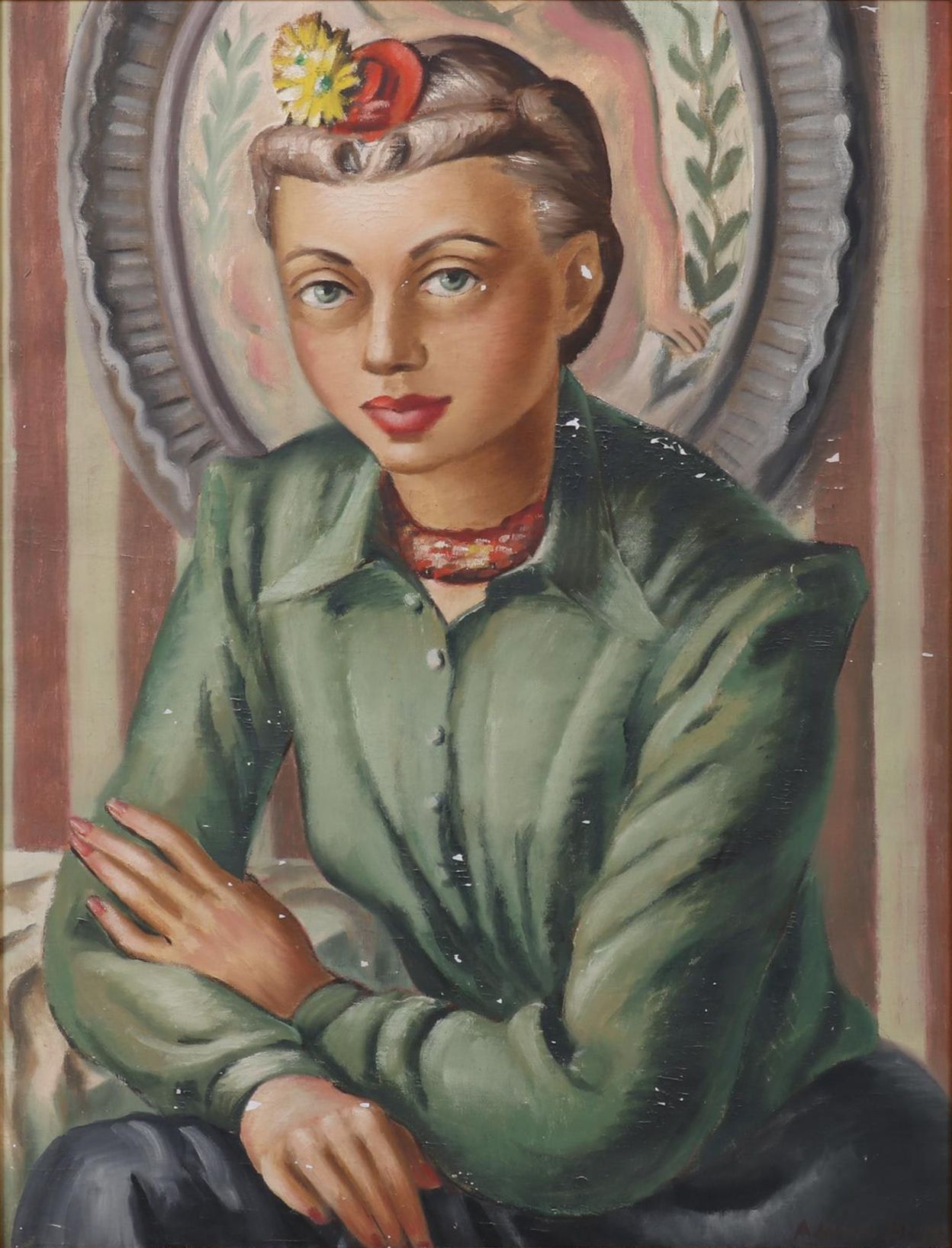 Adelaide Briggs Portrait Oil Painting of Woman in Green, Mid-20th Century