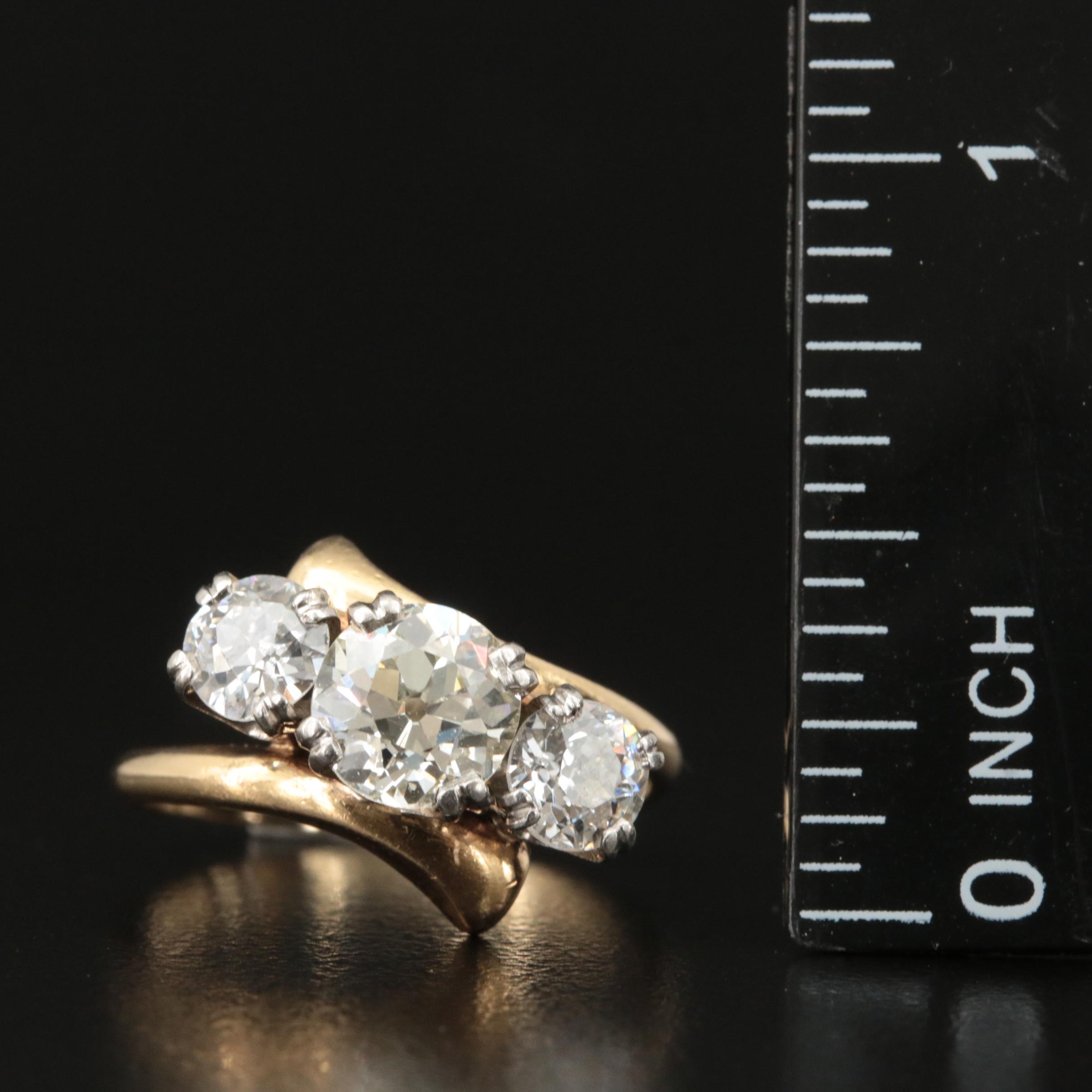 Vintage 14K 2.20 CTW Diamond Three Stone Bypass Ring with Palladium Head
