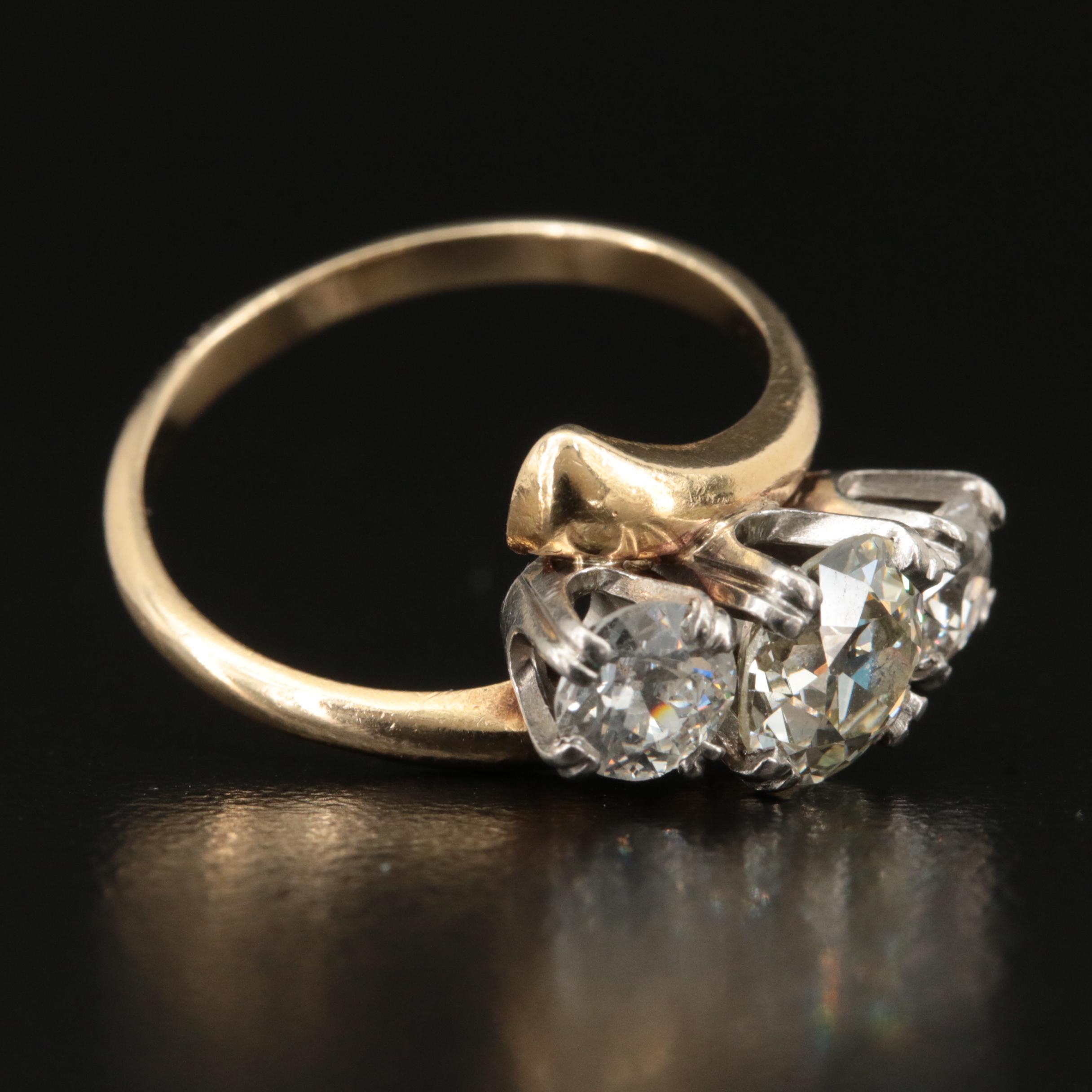 Vintage 14K 2.20 CTW Diamond Three Stone Bypass Ring with Palladium Head