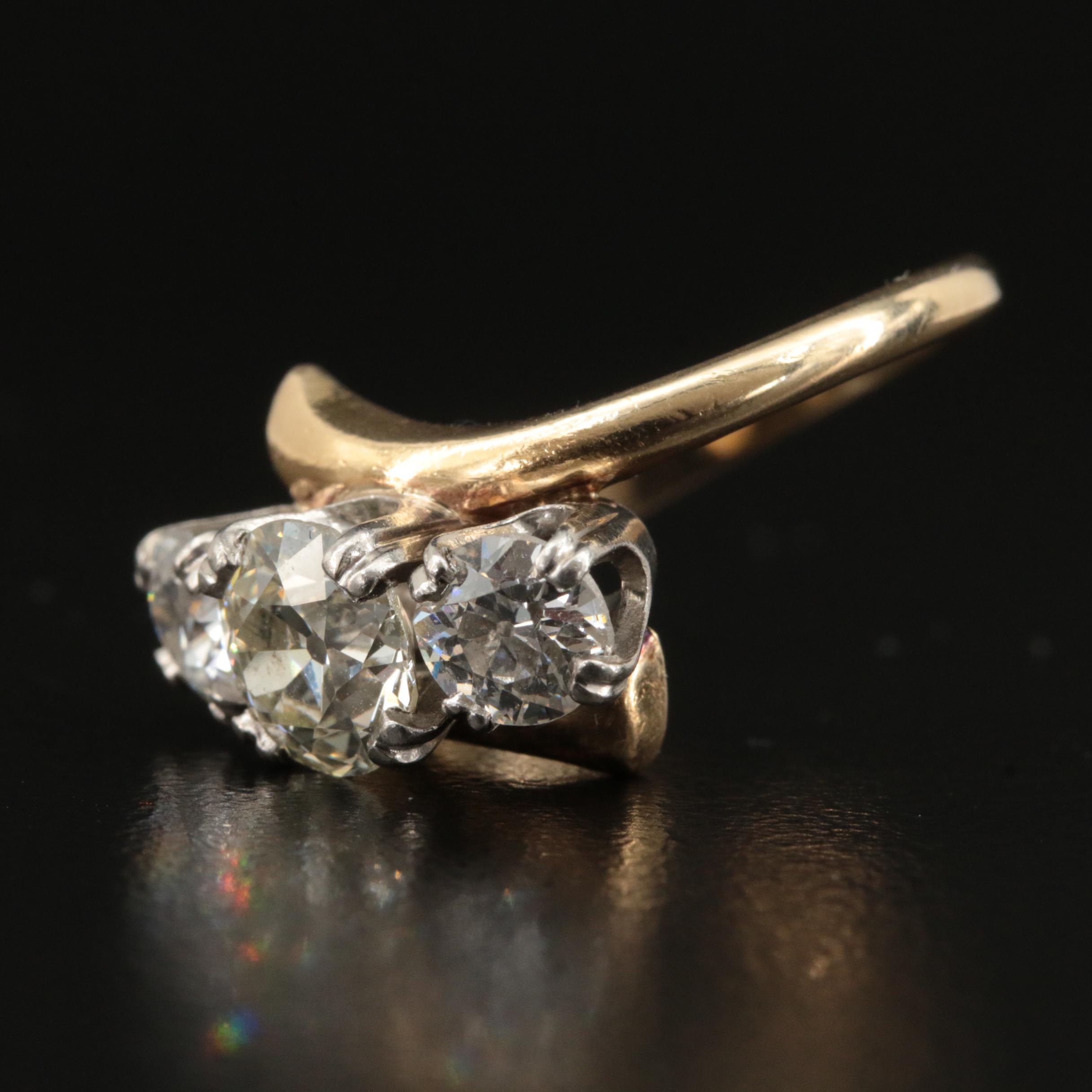 Vintage 14K 2.20 CTW Diamond Three Stone Bypass Ring with Palladium Head