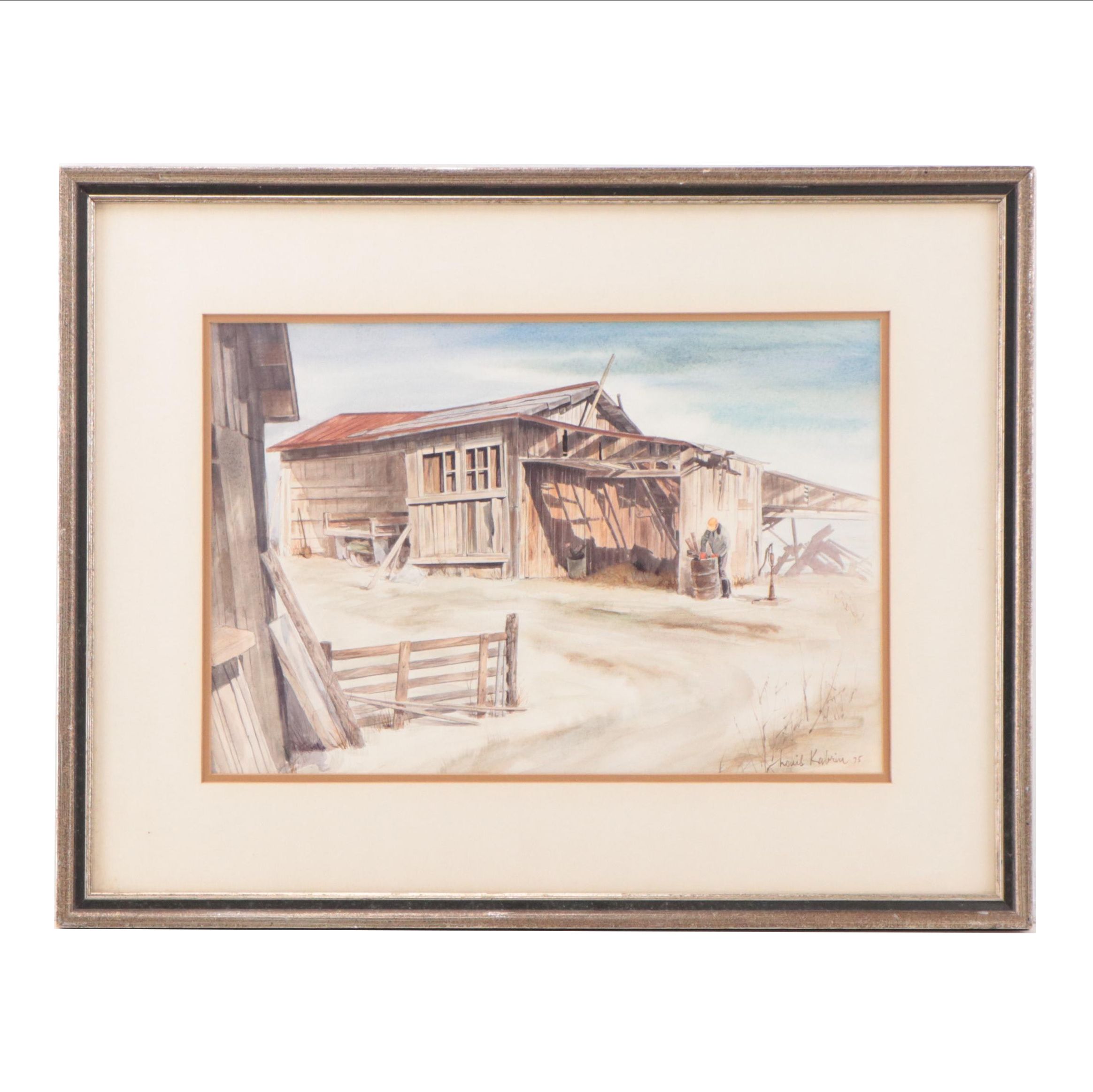 Louis Kabrin Watercolor Painting of Exterior Scene, 1975