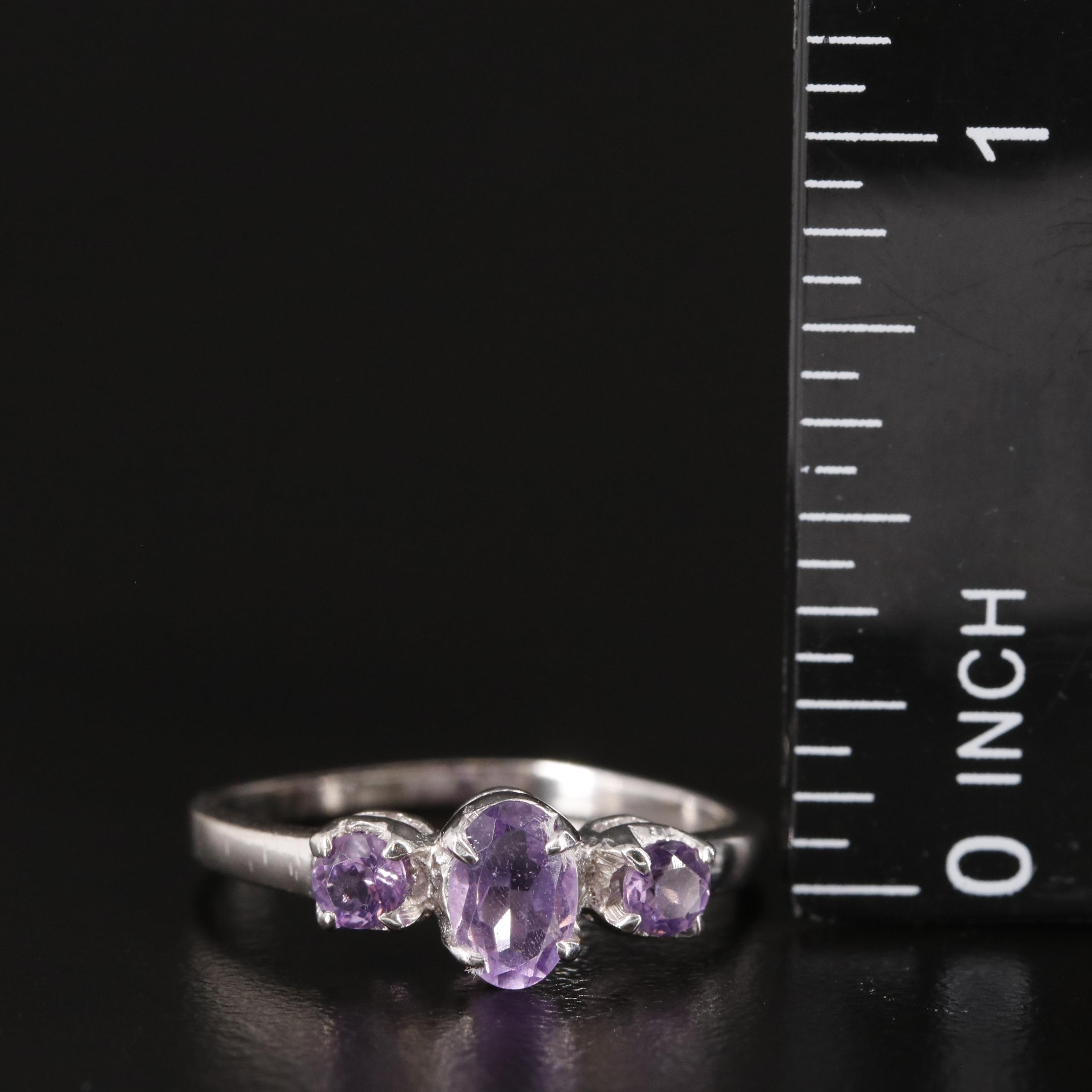 Sterling Amethyst Three Stone Ring