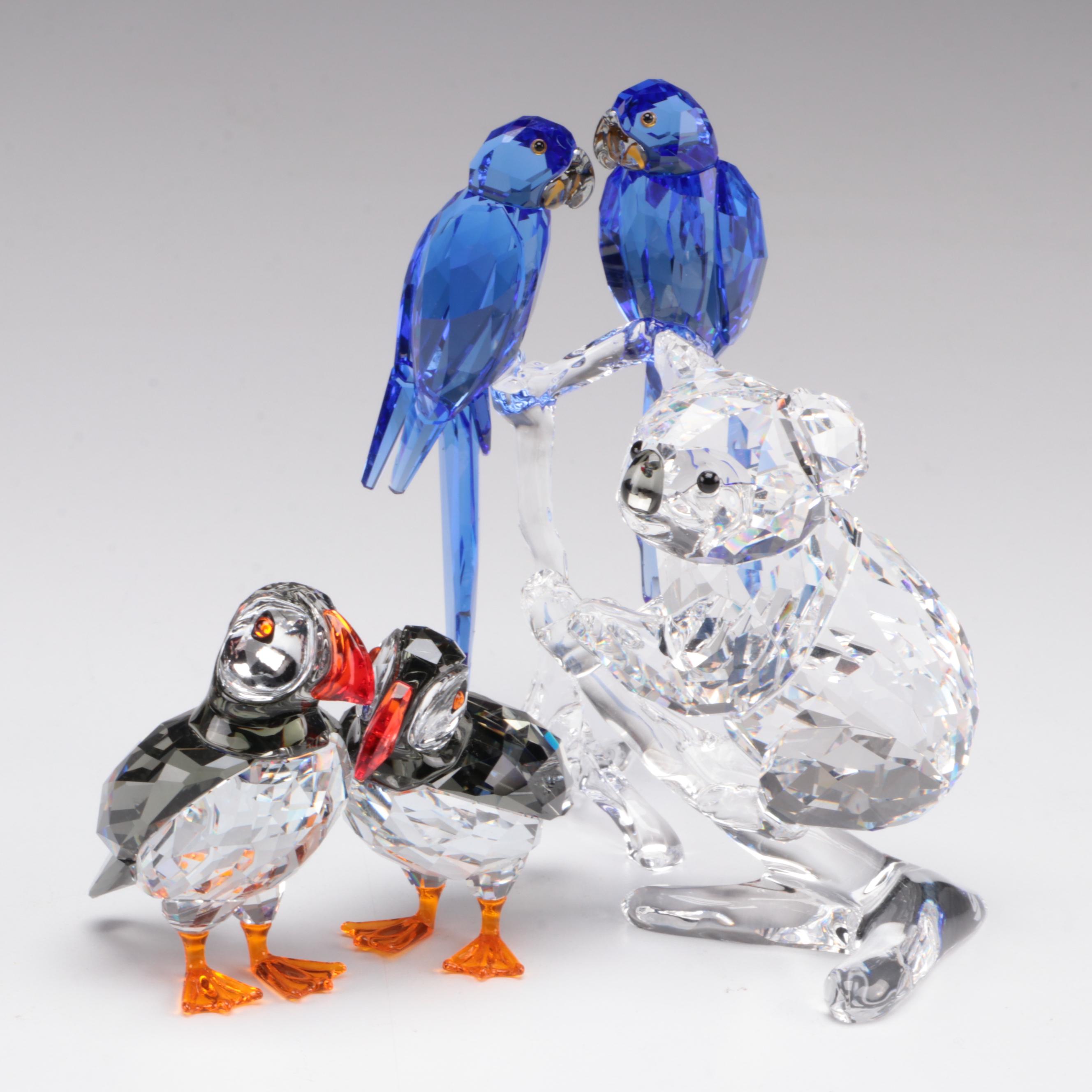 Swarovski Crystal Puffins, Koala Bear, and Parrots Figurines