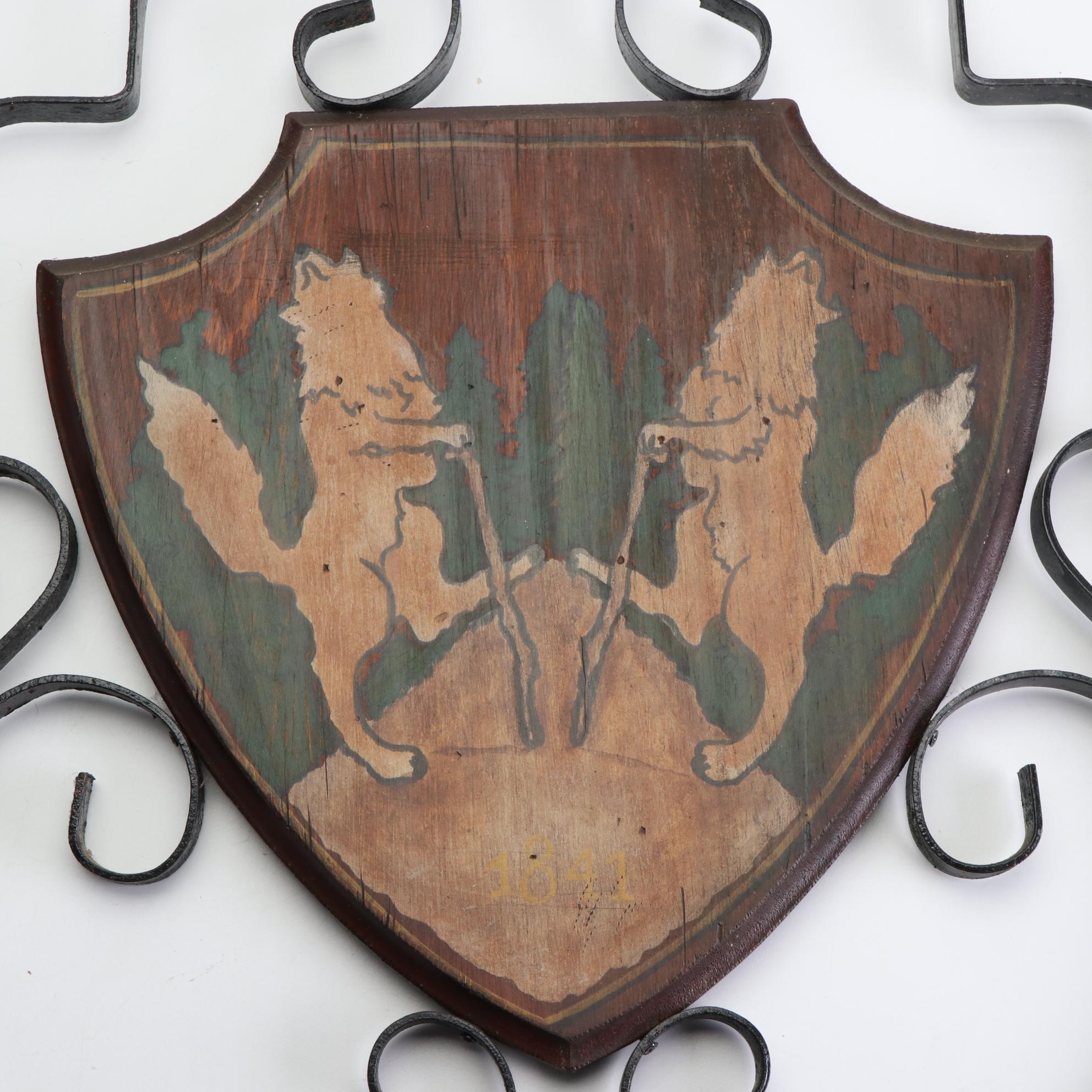 Wrought Iron and Painted Armorial Shield Stylized Foxes Wall Hanging