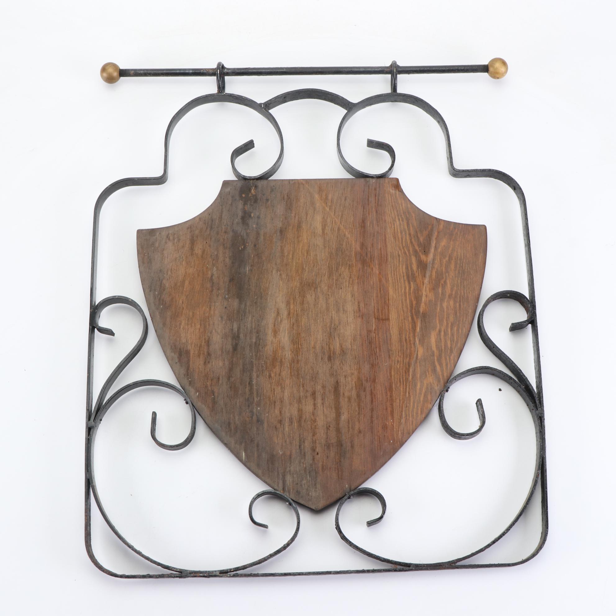 Wrought Iron and Painted Armorial Shield Stylized Foxes Wall Hanging