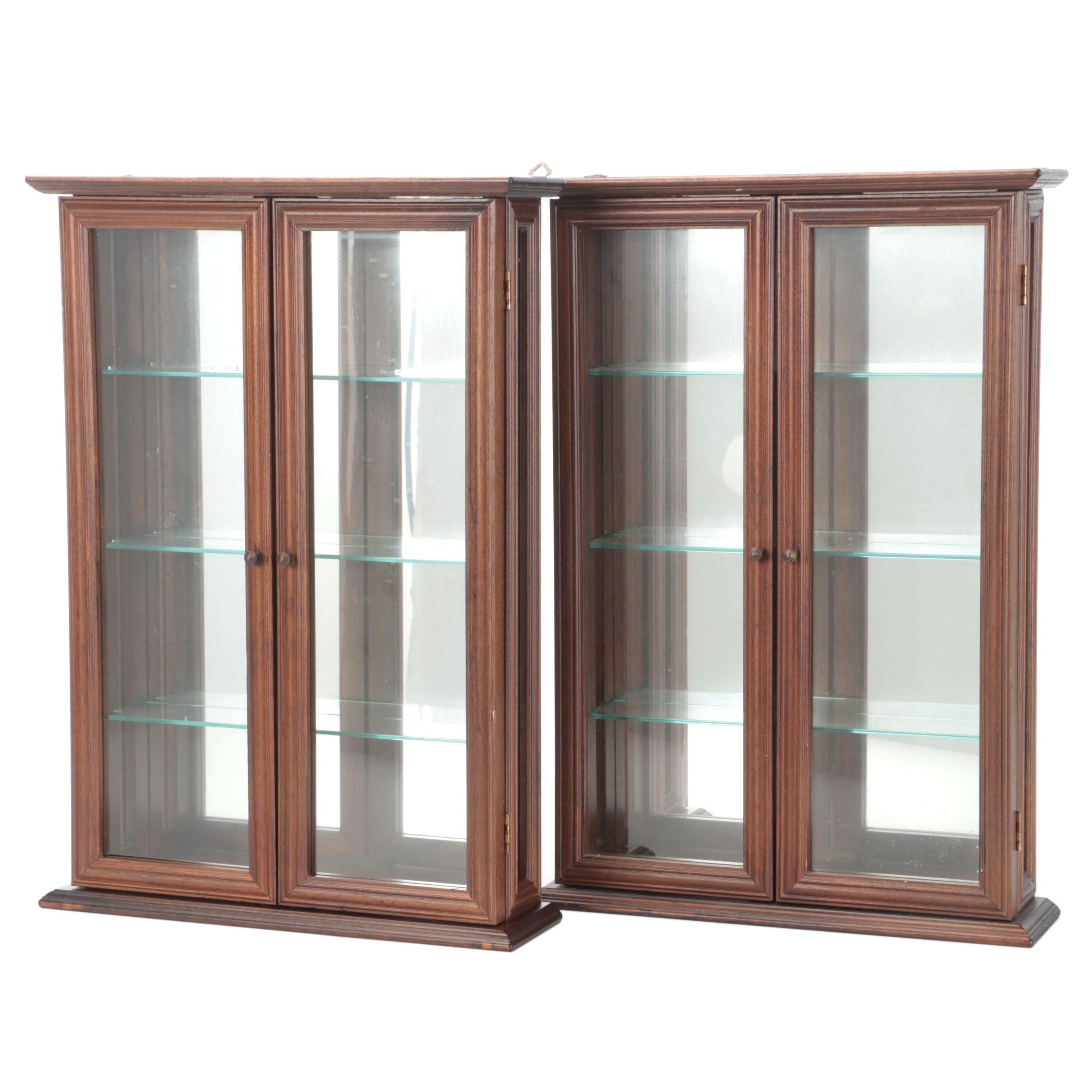 Pair of Wooden Wall-Mount Display Cabinets with Glass Shelves