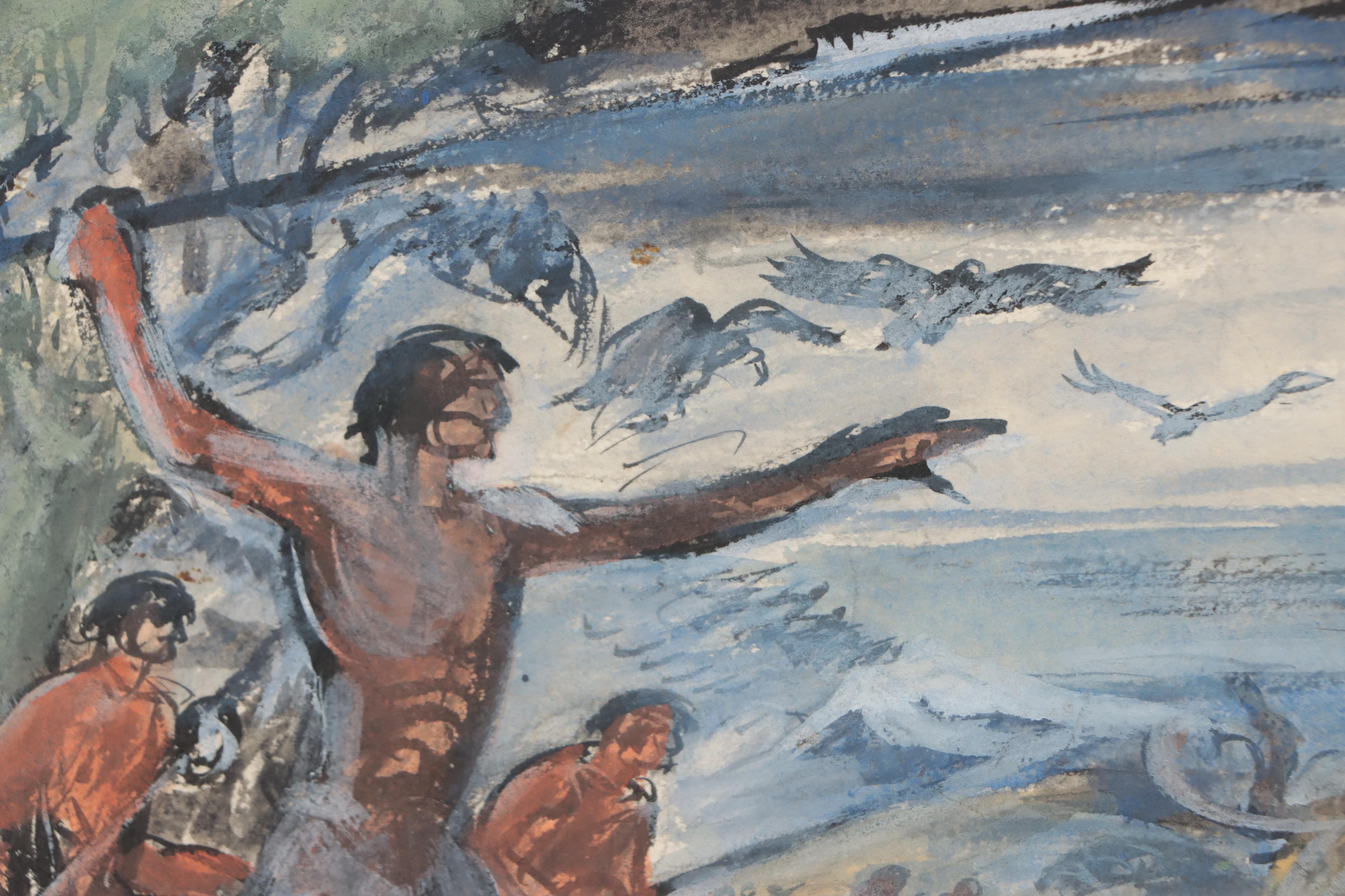 Lynd Ward Gouache Painting of Prehistoric Mammal Scene