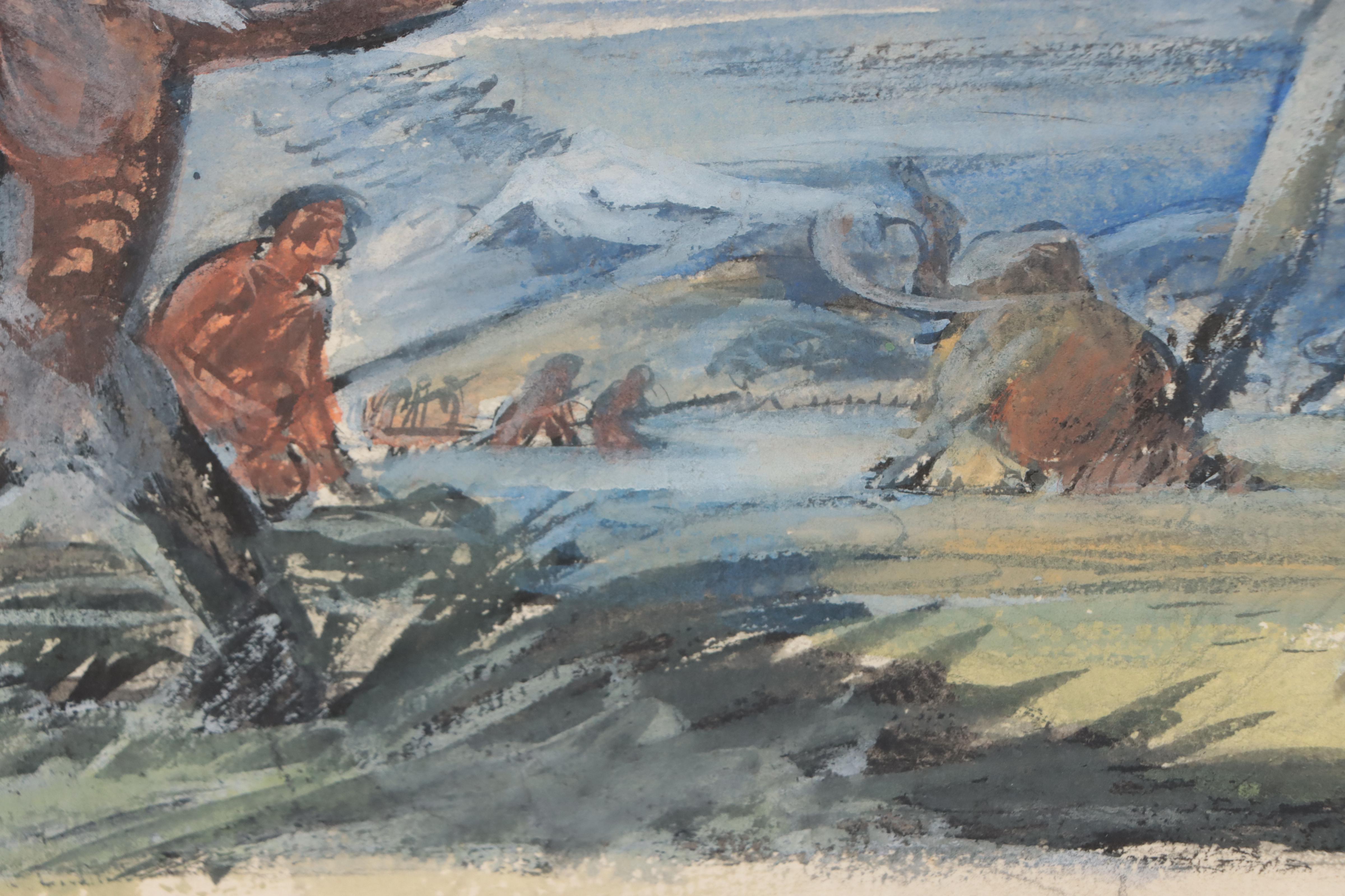 Lynd Ward Gouache Painting of Prehistoric Mammal Scene