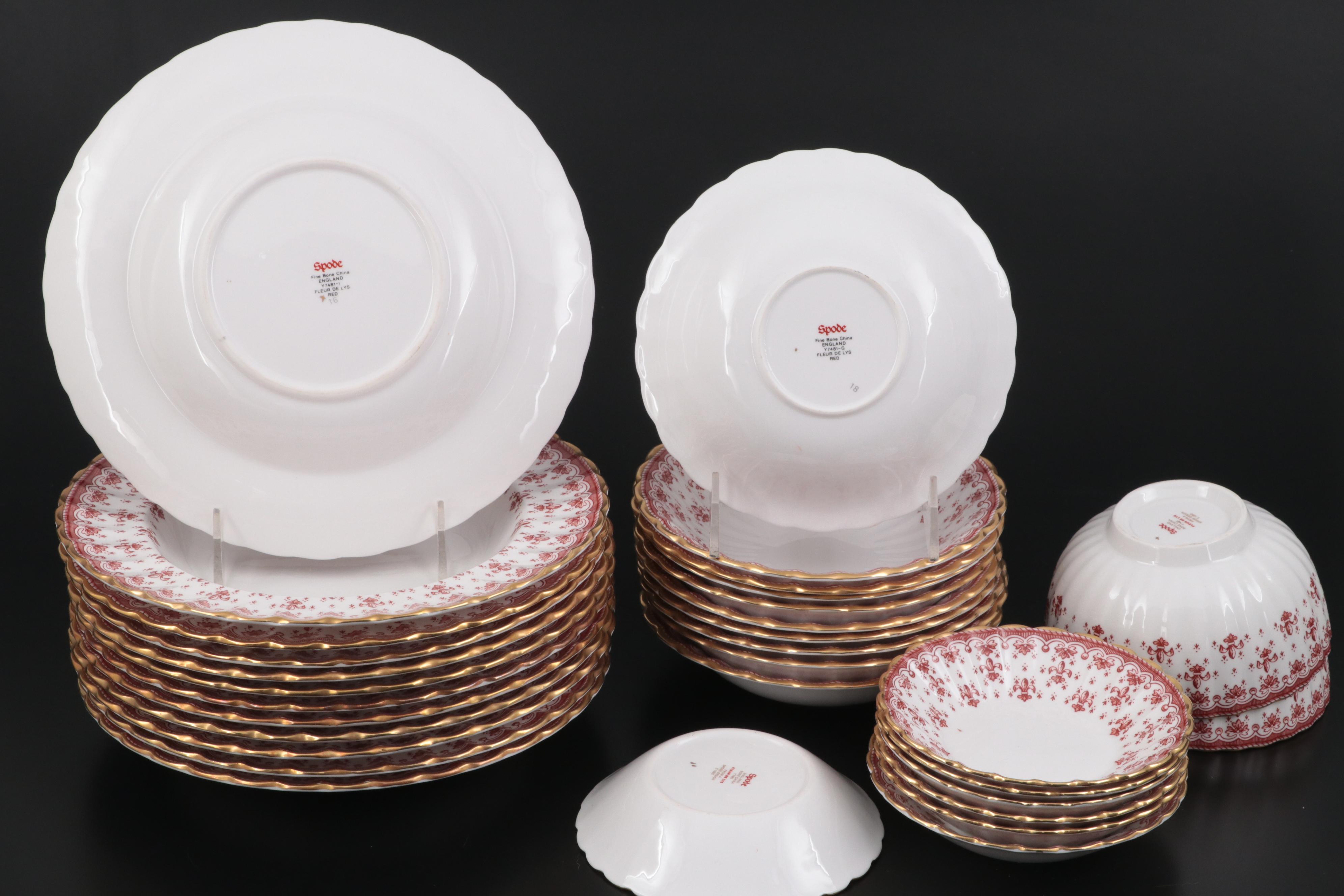 Spode Bone China "Fleur De Lys" Red Dinnerware, 1961-1994