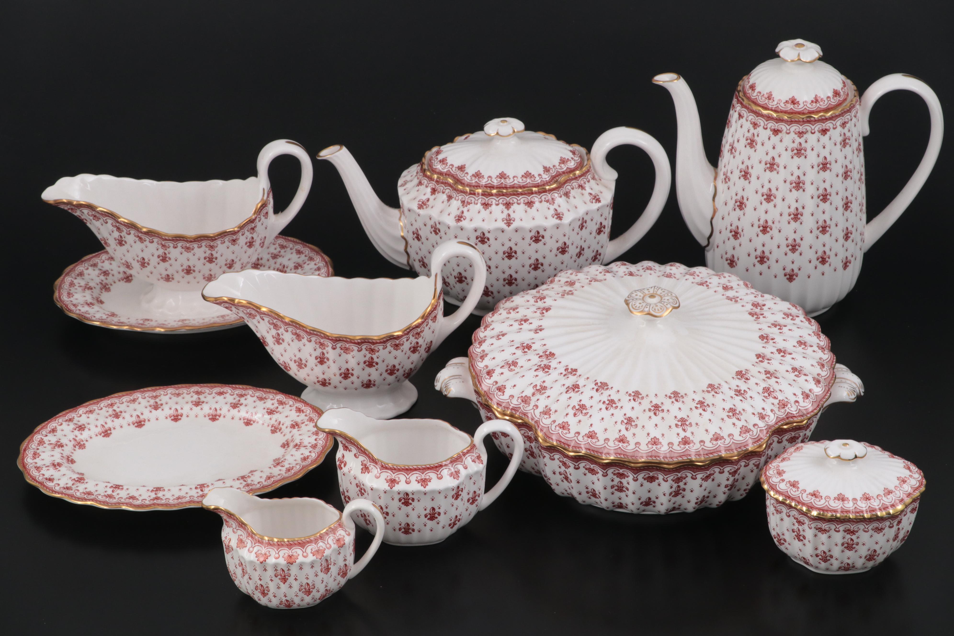 Spode Bone China "Fleur De Lys" Red Dinnerware, 1961-1994