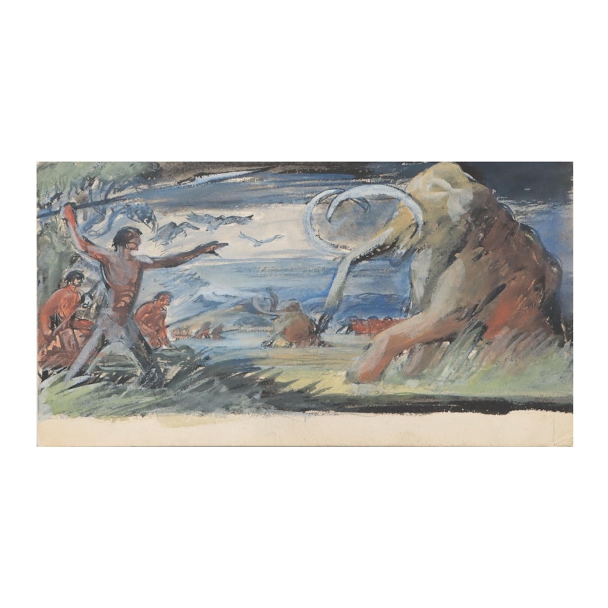 Lynd Ward Gouache Painting of Prehistoric Mammal Scene