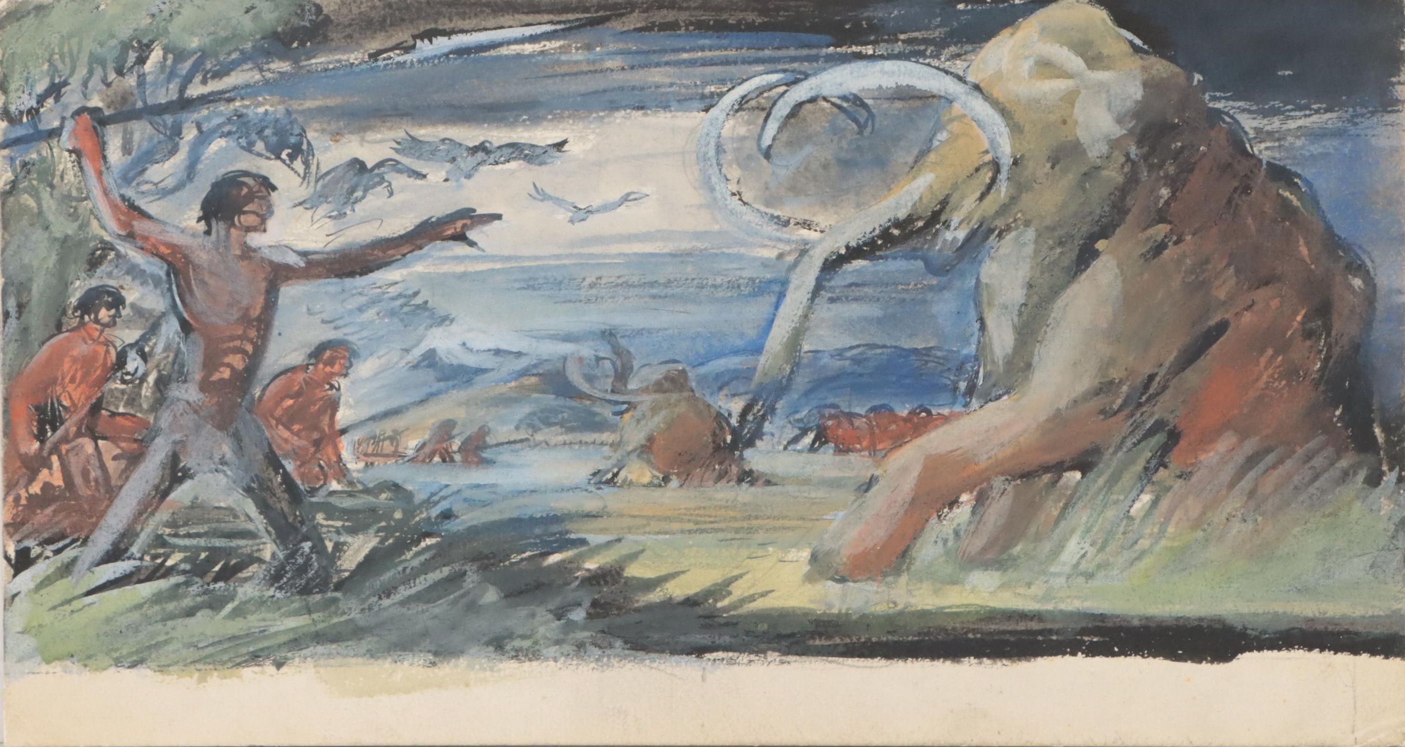 Lynd Ward Gouache Painting of Prehistoric Mammal Scene