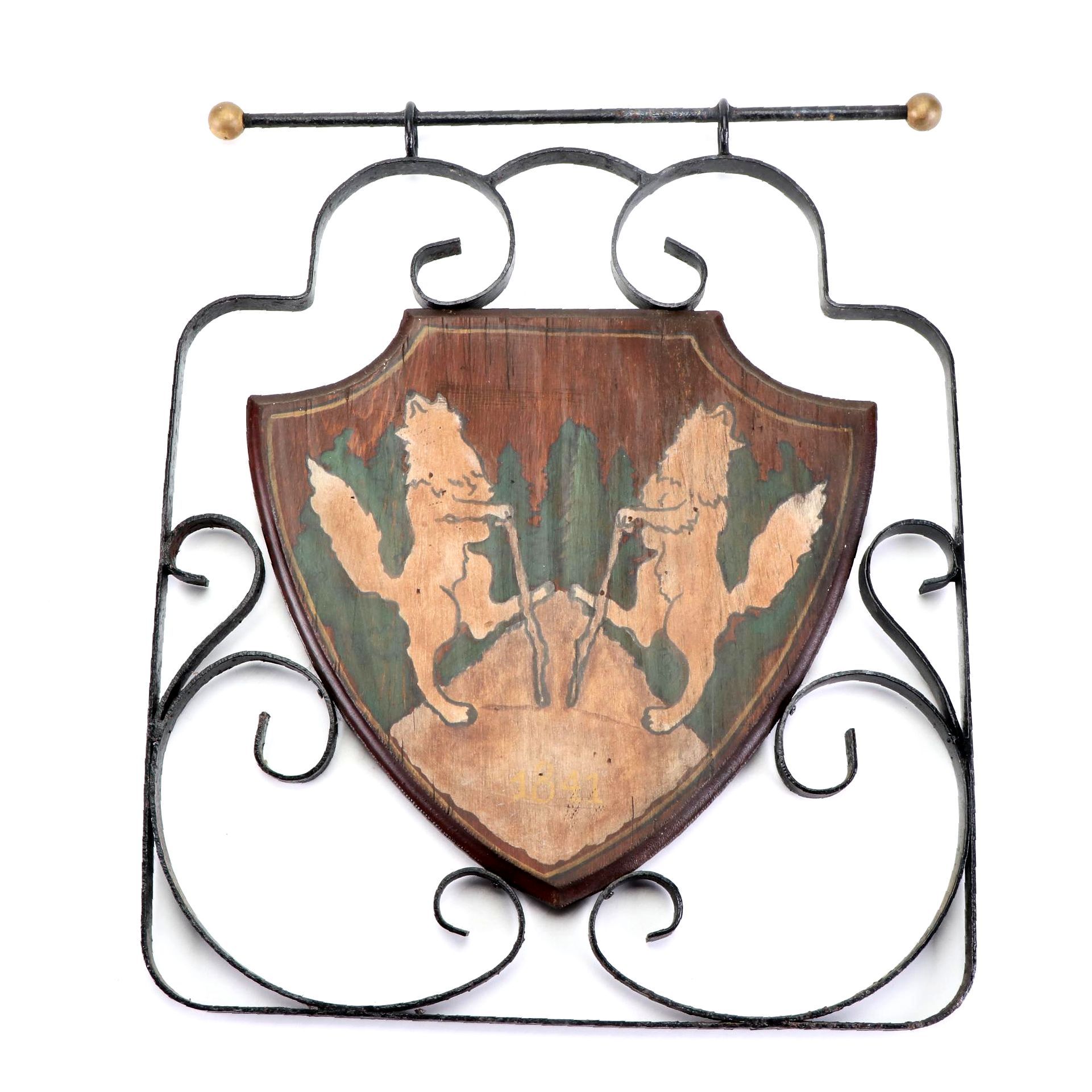 Wrought Iron and Painted Armorial Shield Stylized Foxes Wall Hanging