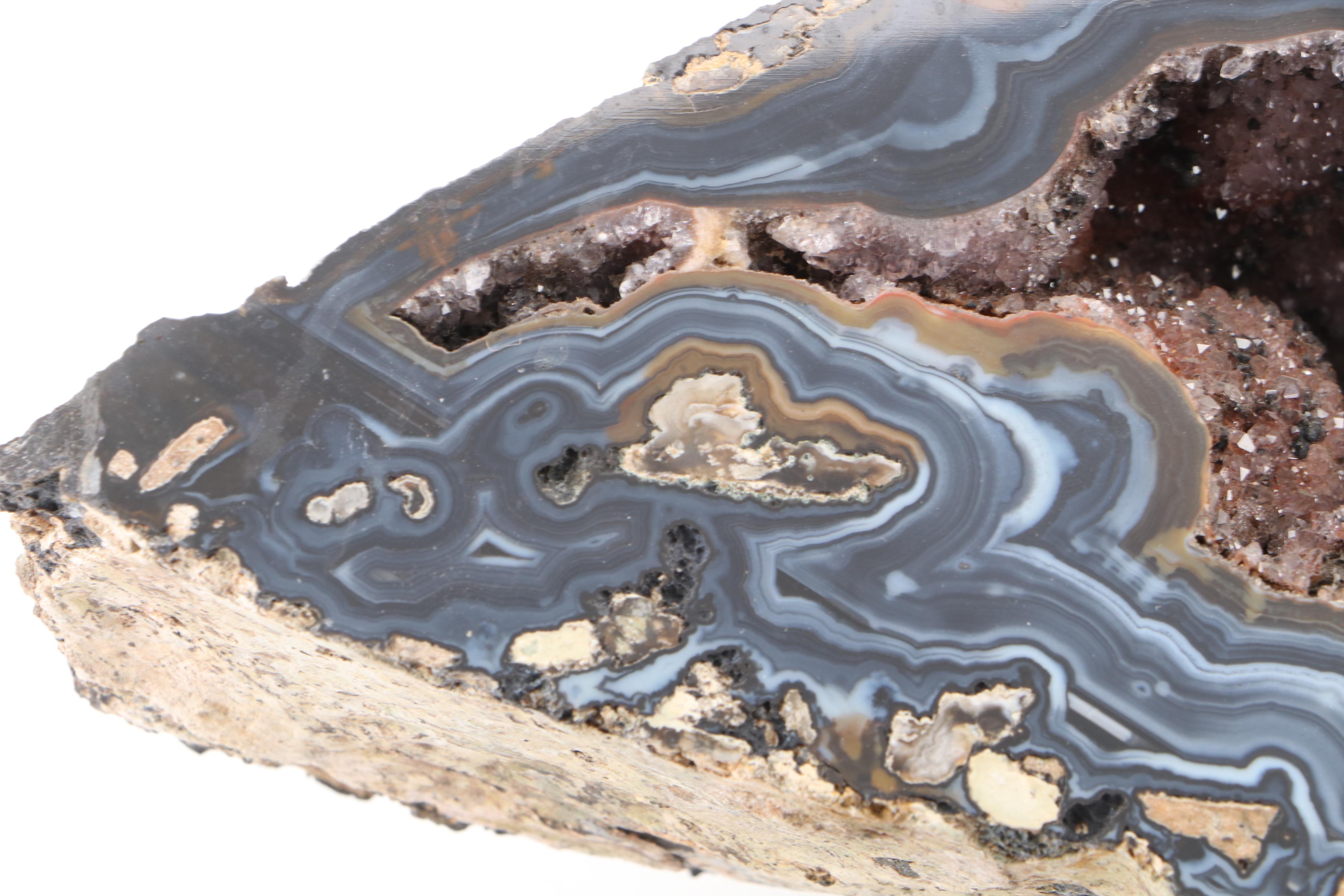 Amethyst and Banded Agate Geode Surface Polished Half-Cut Specimen