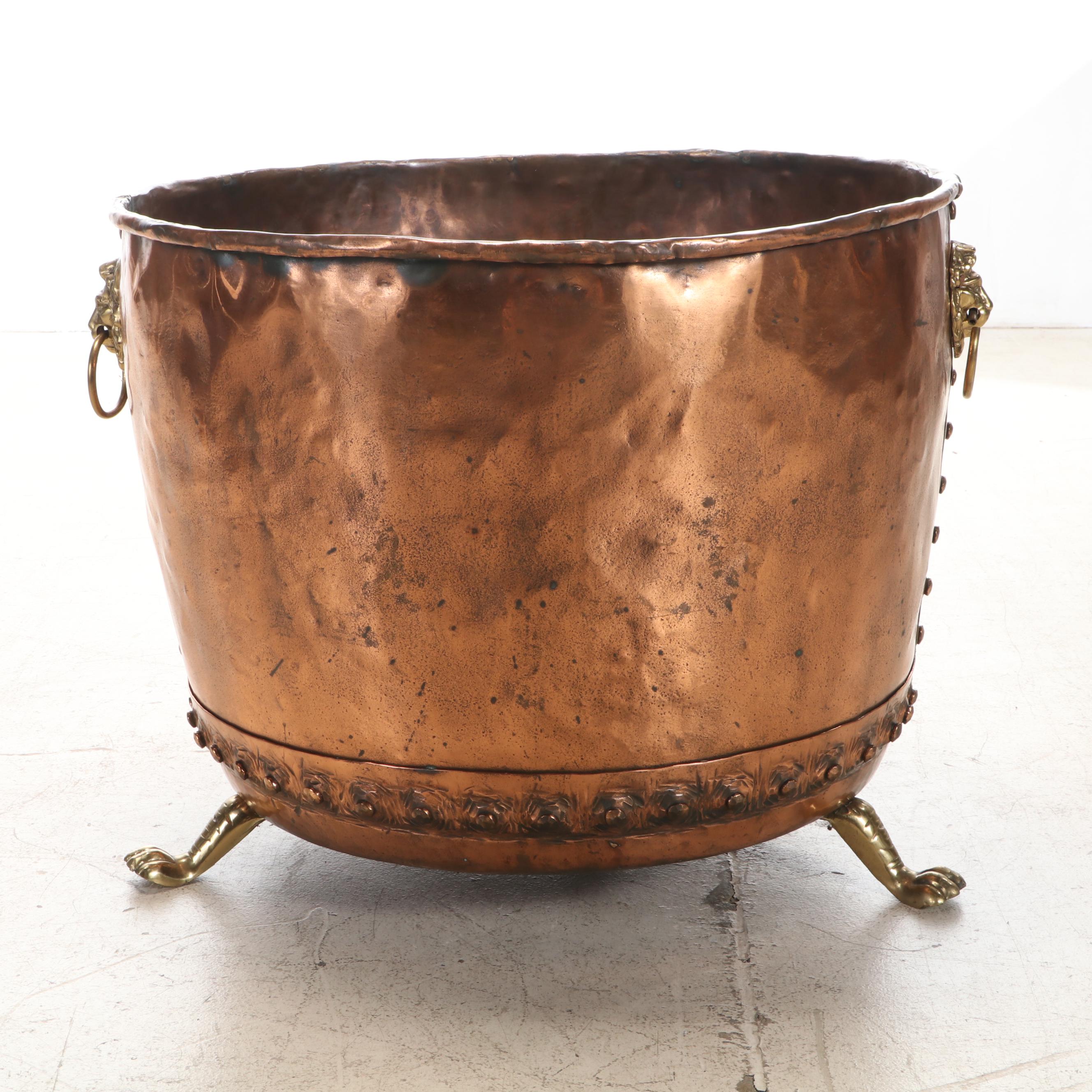 English Brass Lion Handled Claw Footed Copper Firewood Log Bucket