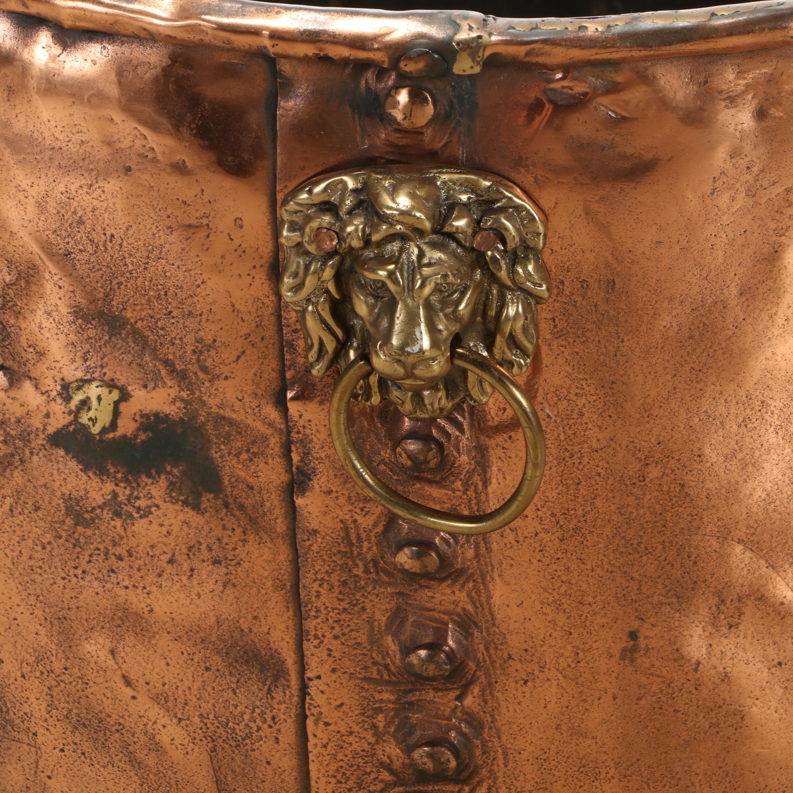 English Brass Lion Handled Claw Footed Copper Firewood Log Bucket