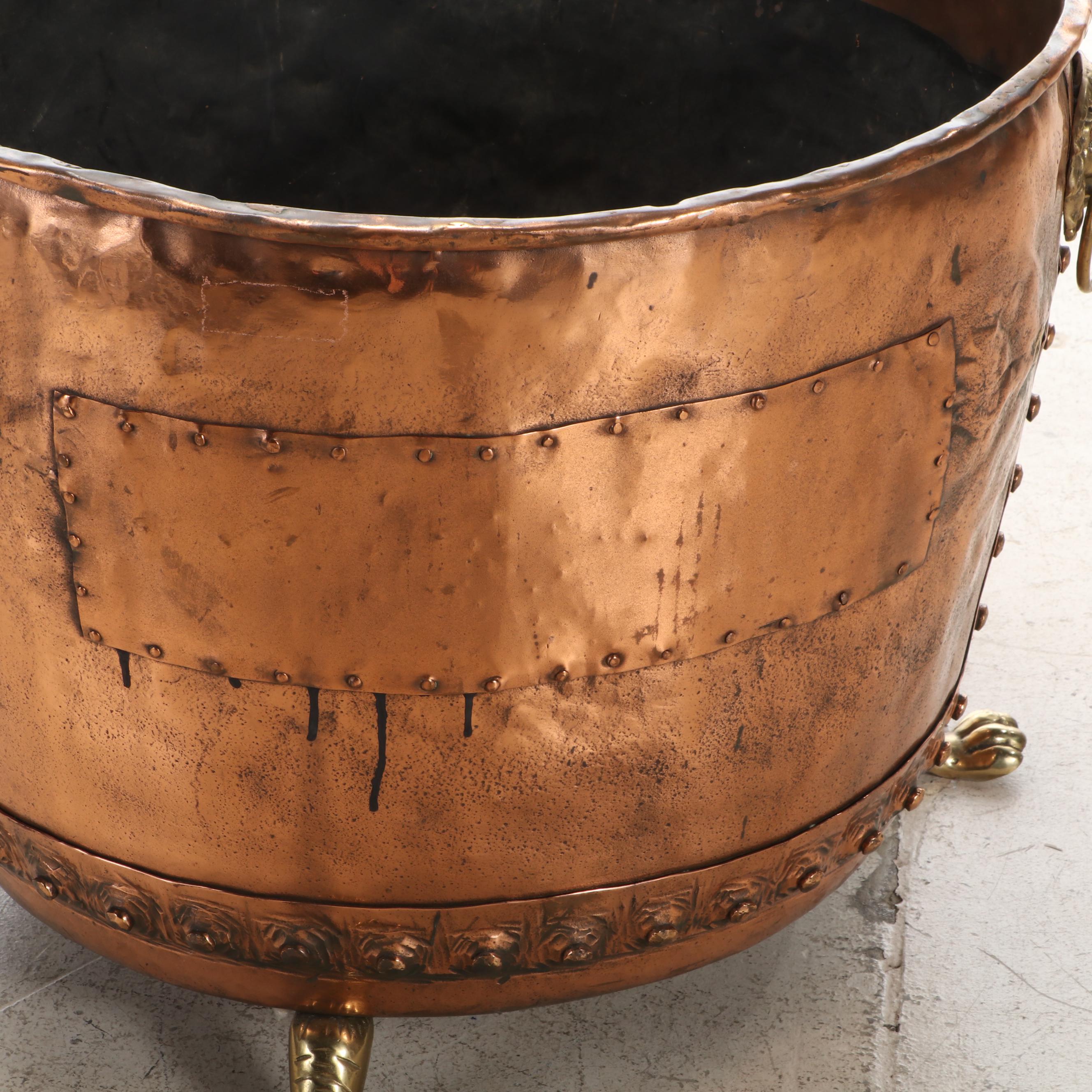 English Brass Lion Handled Claw Footed Copper Firewood Log Bucket