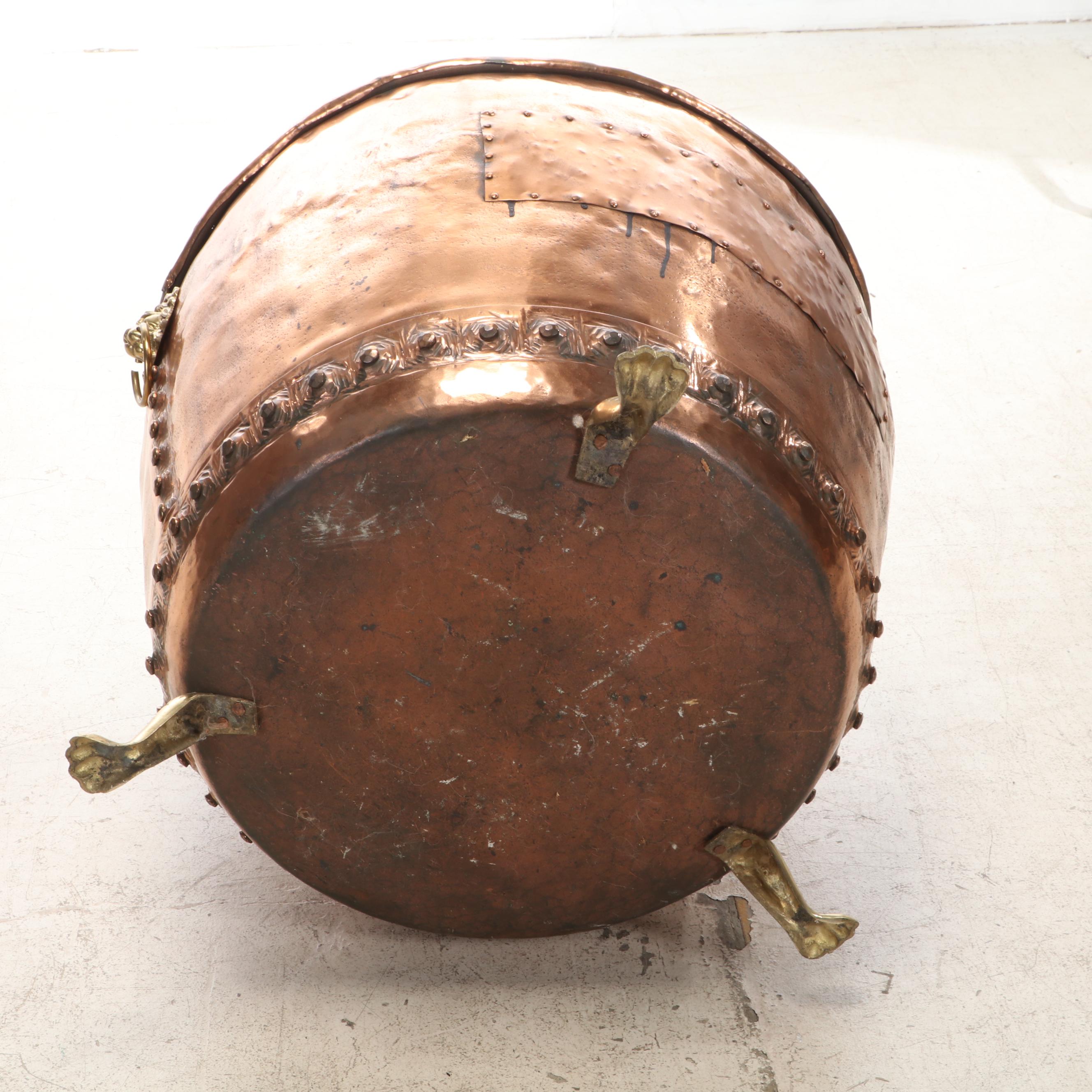 English Brass Lion Handled Claw Footed Copper Firewood Log Bucket