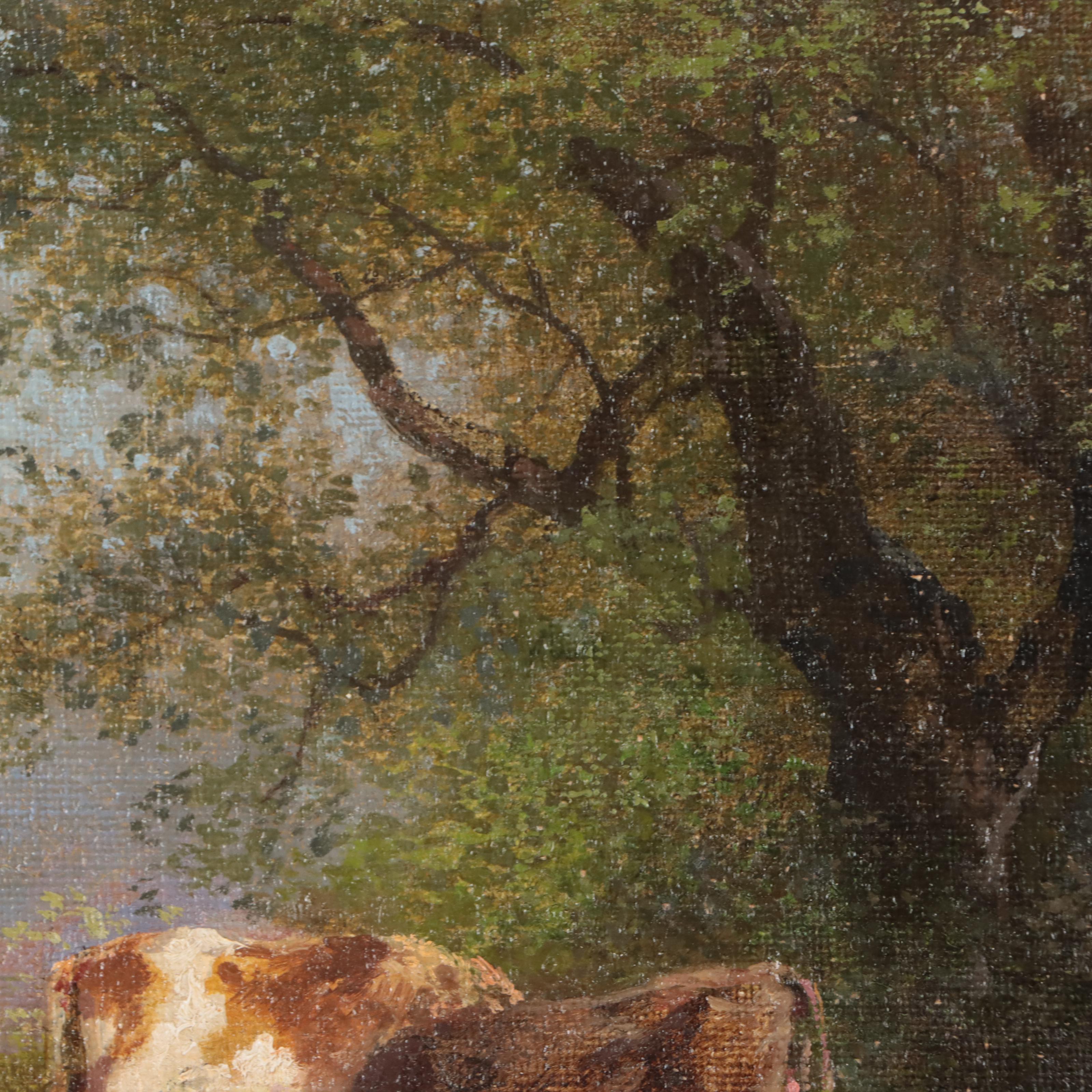 Pastoral Landscape Oil Painting of Cows In Verdant Landscape