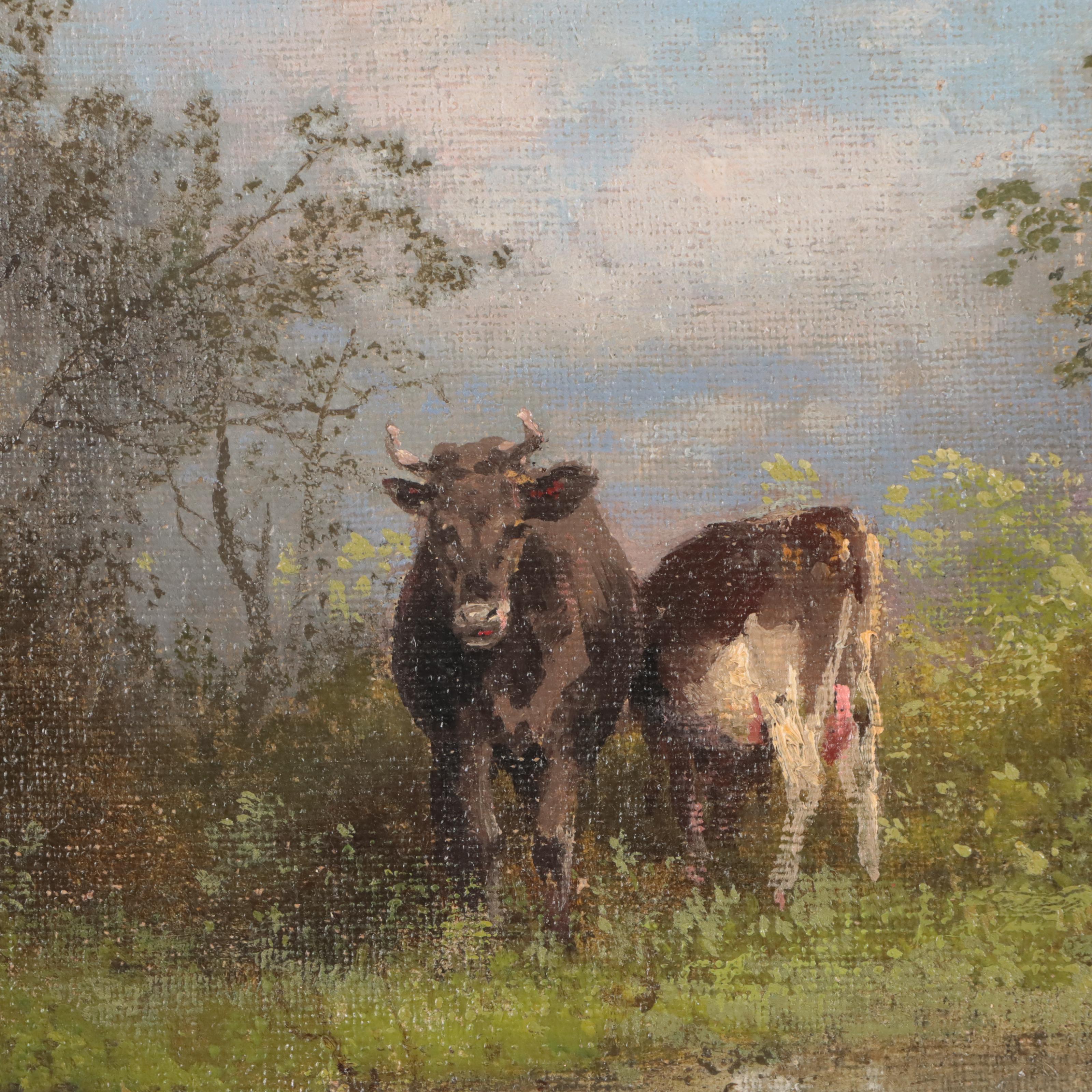 Pastoral Landscape Oil Painting of Cows In Verdant Landscape