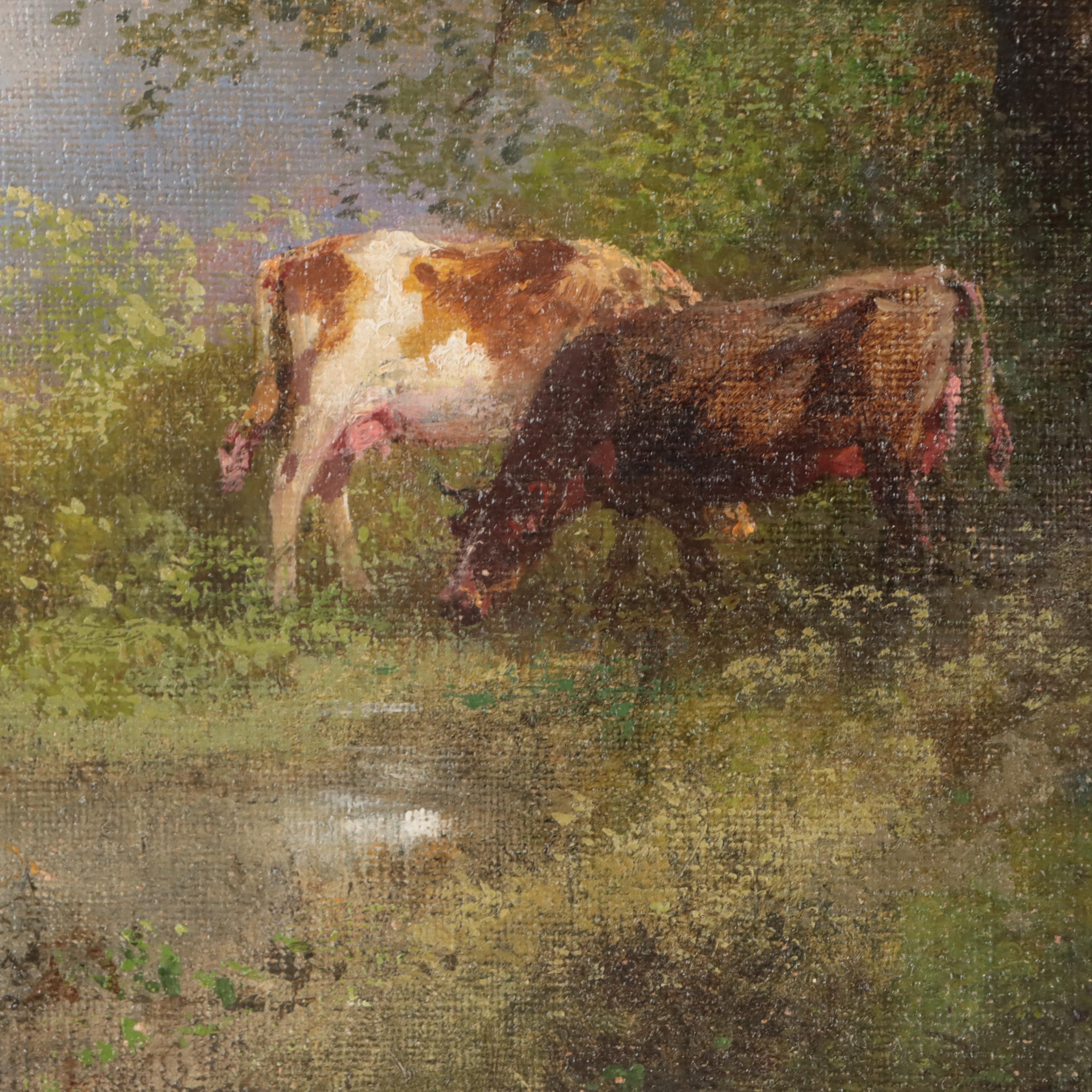 Pastoral Landscape Oil Painting of Cows In Verdant Landscape
