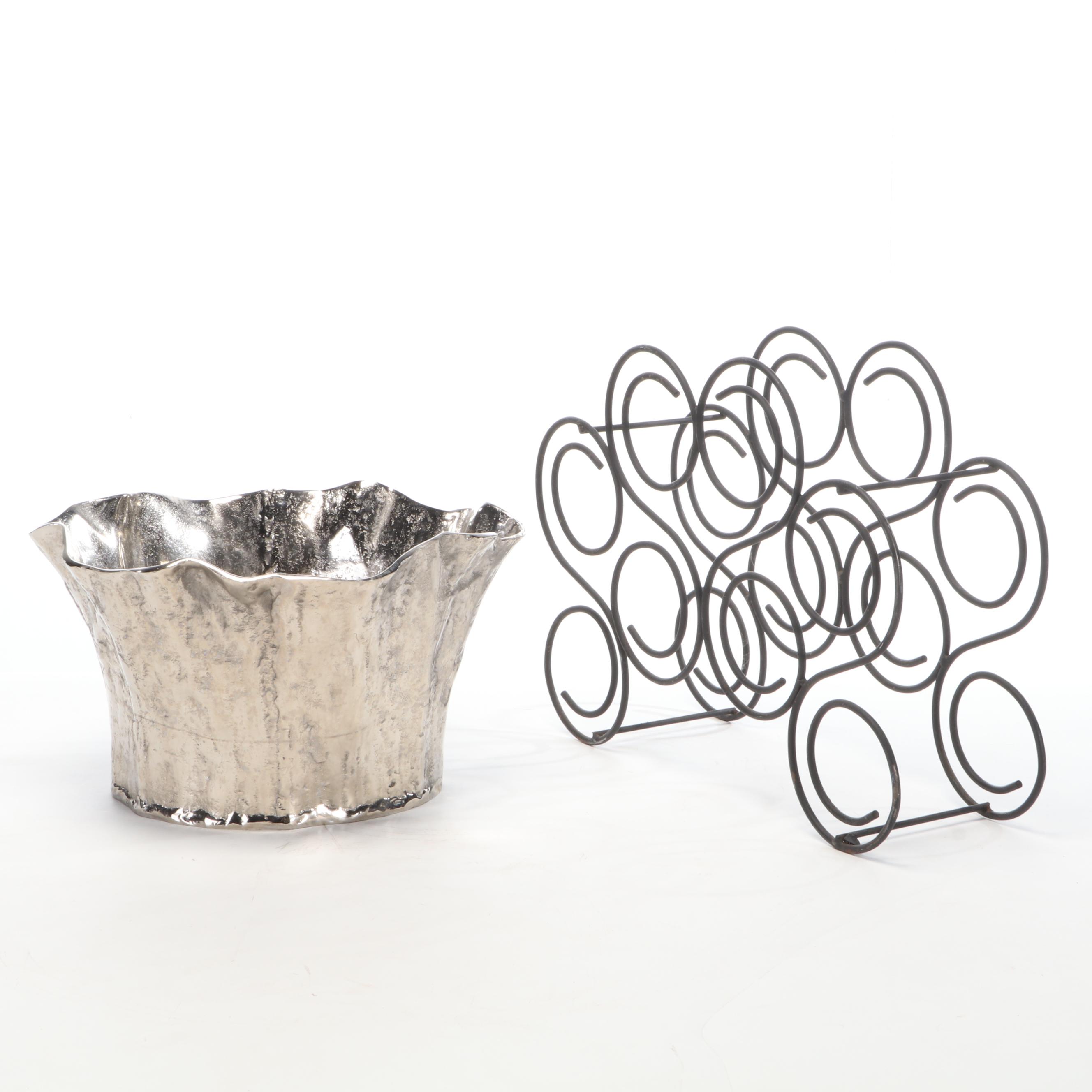 Textured Metal Tree Trunk Shaped Beverage Tub with Scrolled Metal Bottle Rack