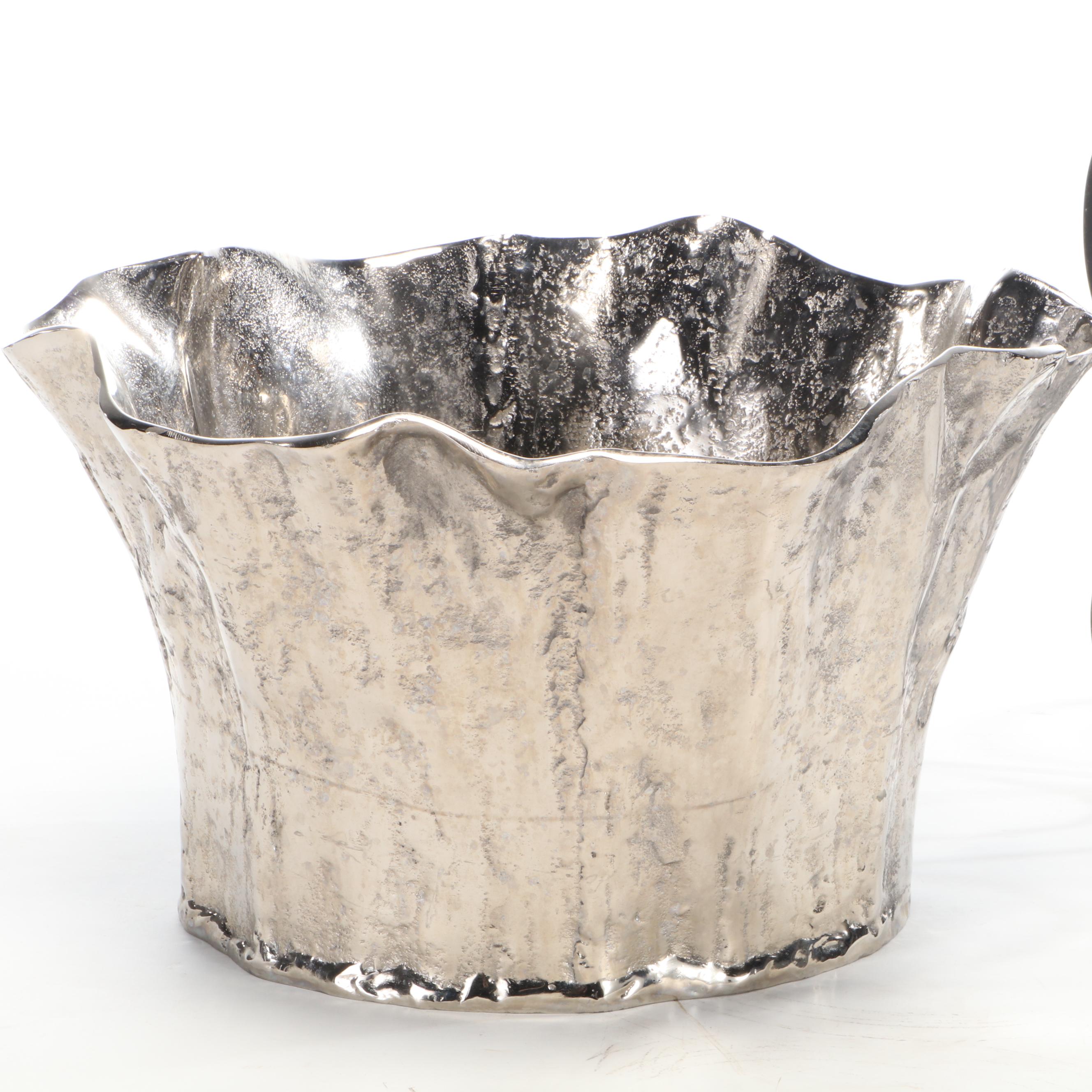 Textured Metal Tree Trunk Shaped Beverage Tub with Scrolled Metal Bottle Rack