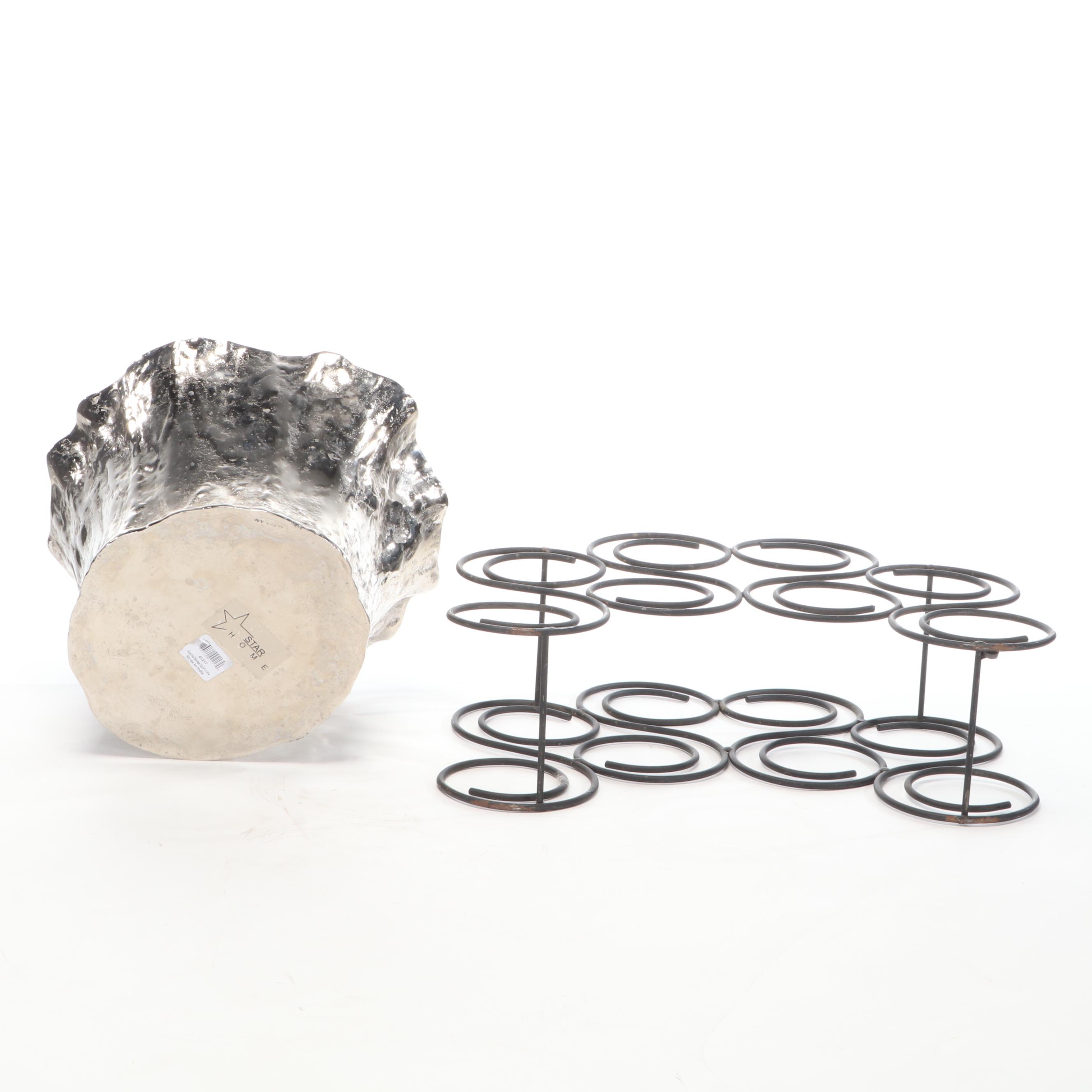 Textured Metal Tree Trunk Shaped Beverage Tub with Scrolled Metal Bottle Rack