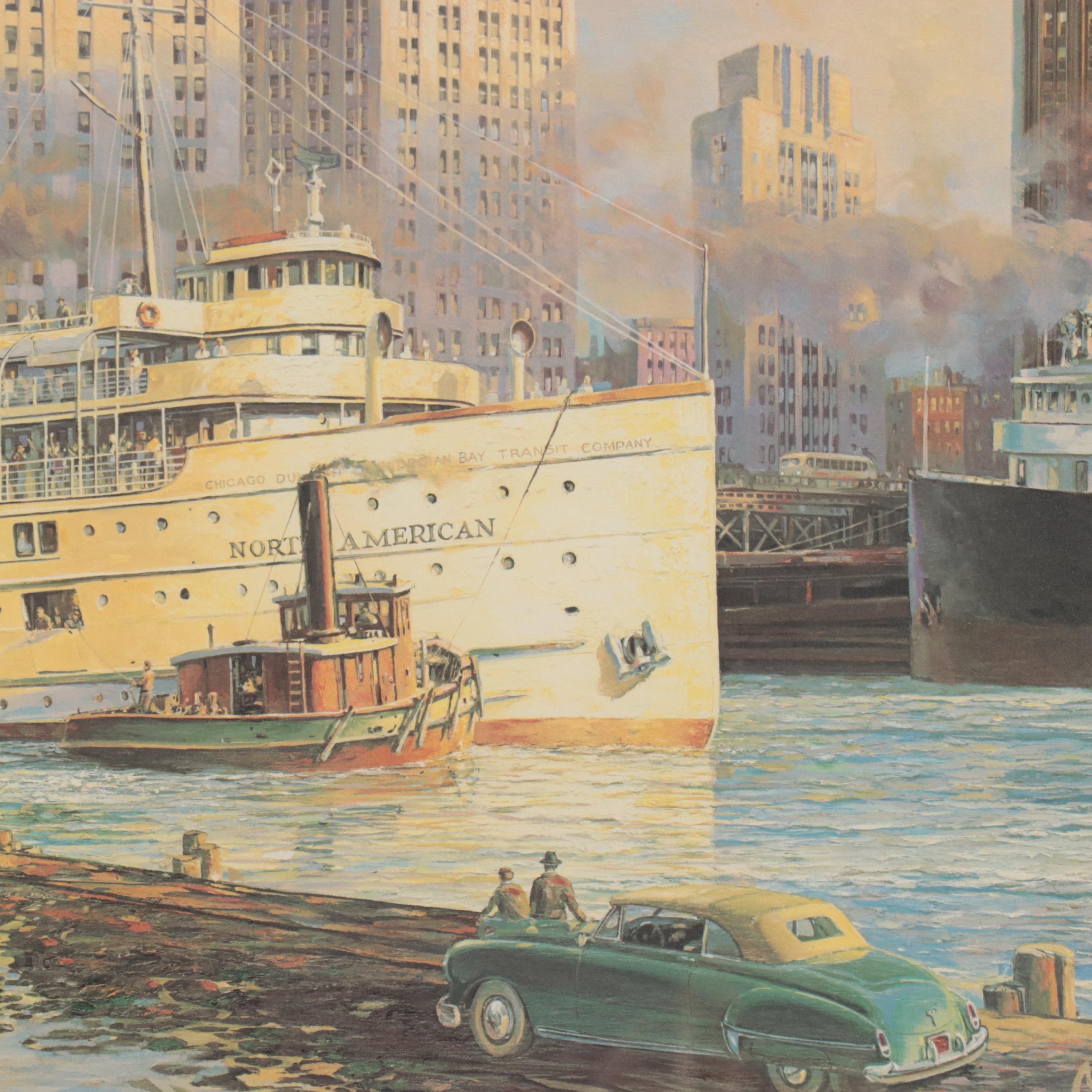 Michael Blaser Offset Lithograph "Port of Chicago," Late 20th Century
