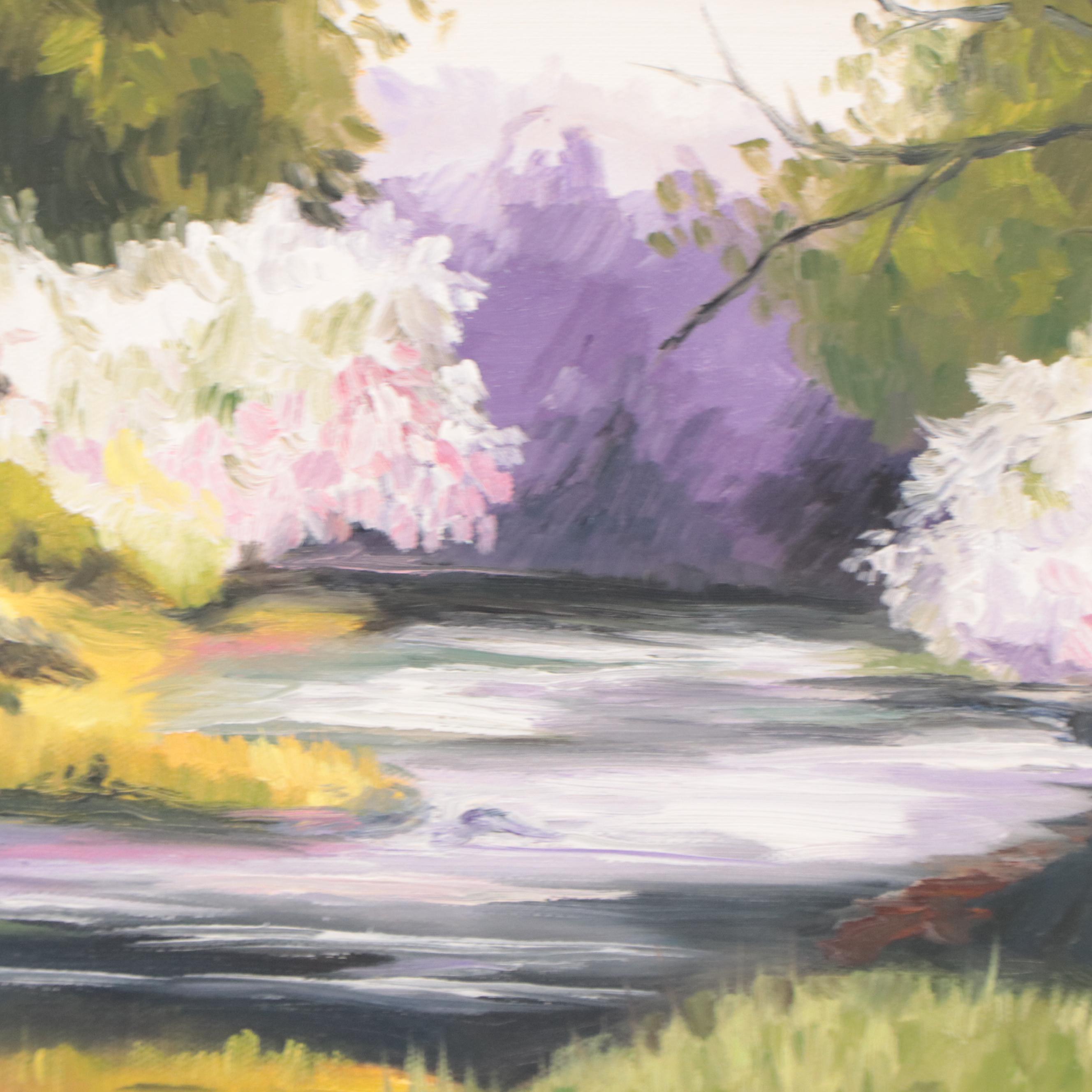 Landscape Acrylic Painting of River Scene, 21st Century