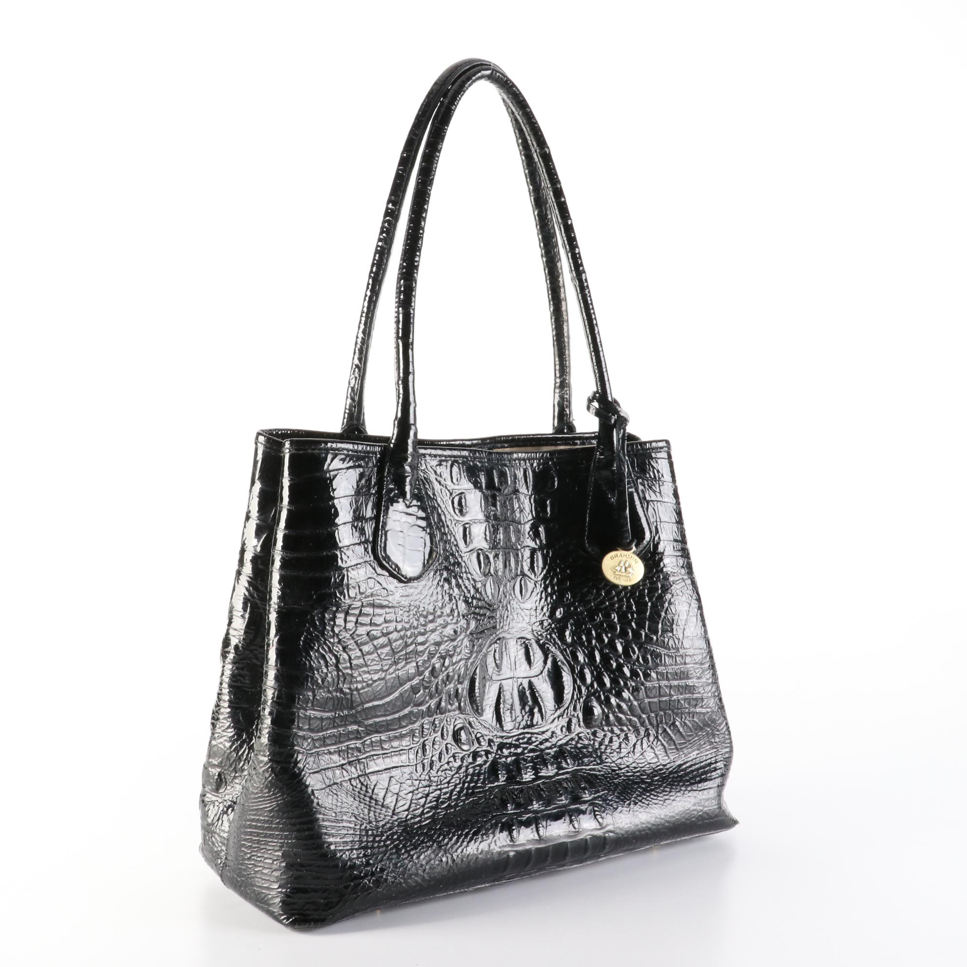 Brahmin Tote Bag in Black Croc-Embossed Leather