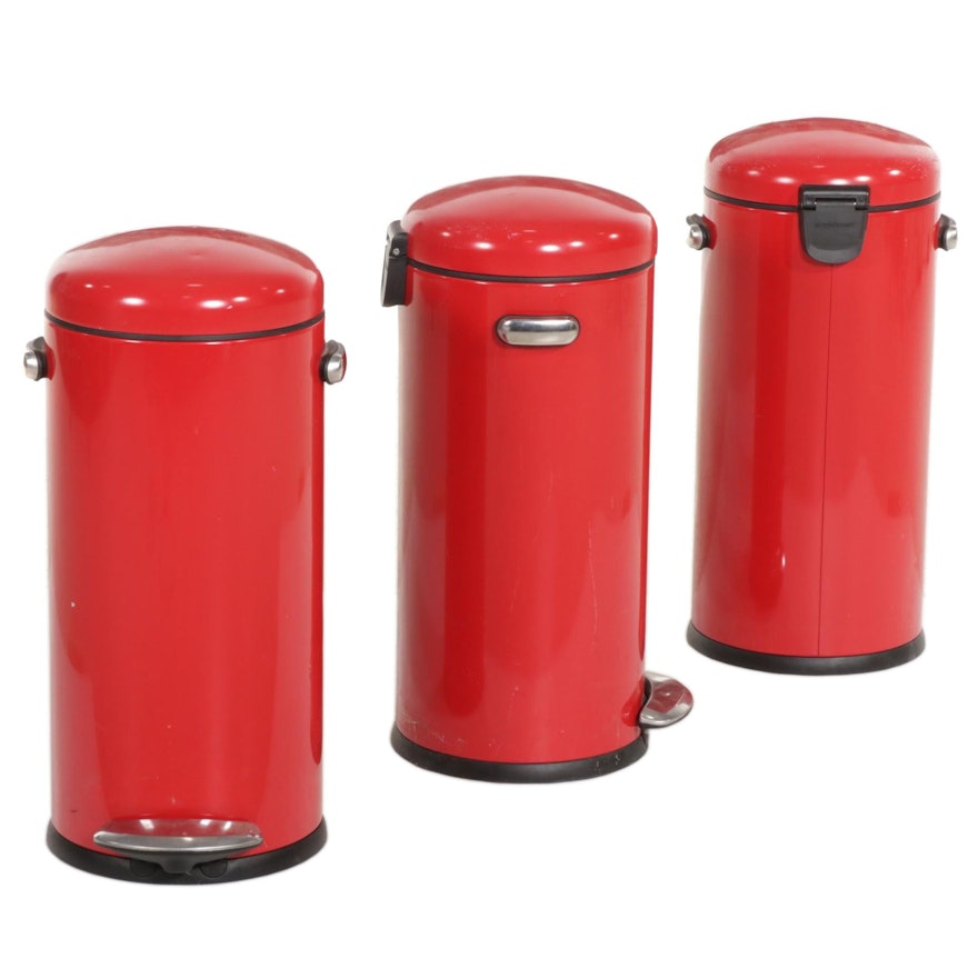 Three Simplehuman Red Metal Canister Step-On Trash Cans