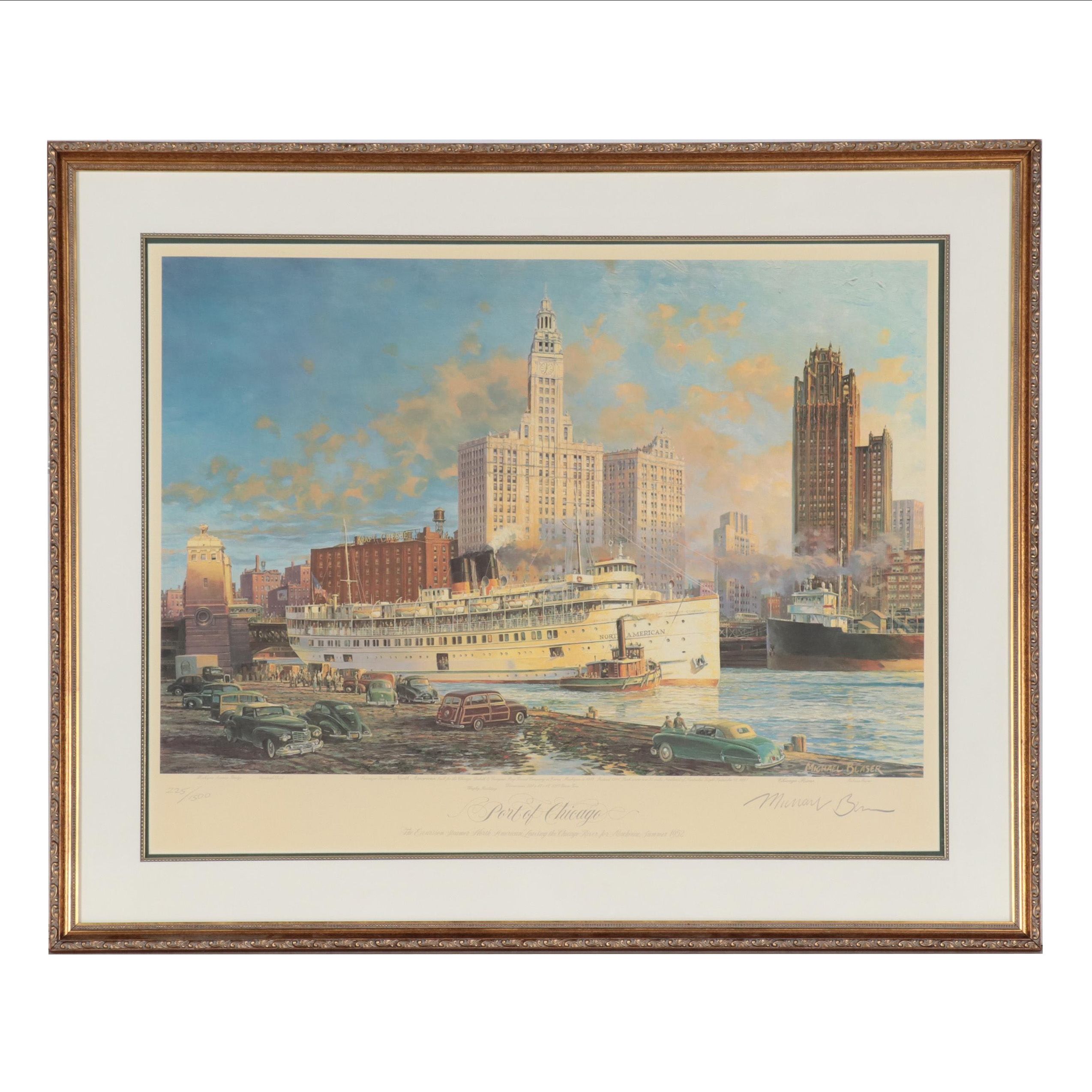 Michael Blaser Offset Lithograph "Port of Chicago," Late 20th Century
