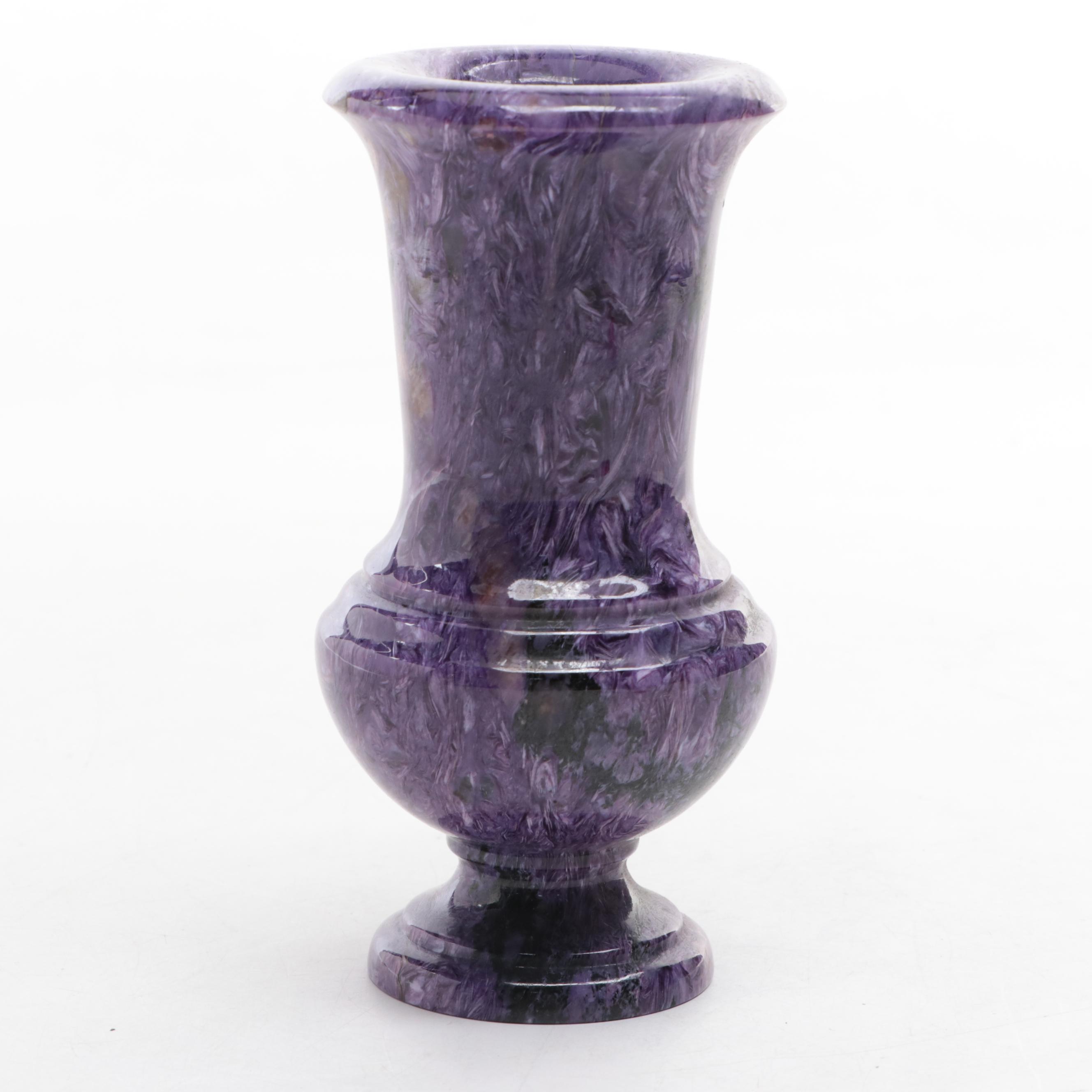 Carved Polished Charoite Urn Vase