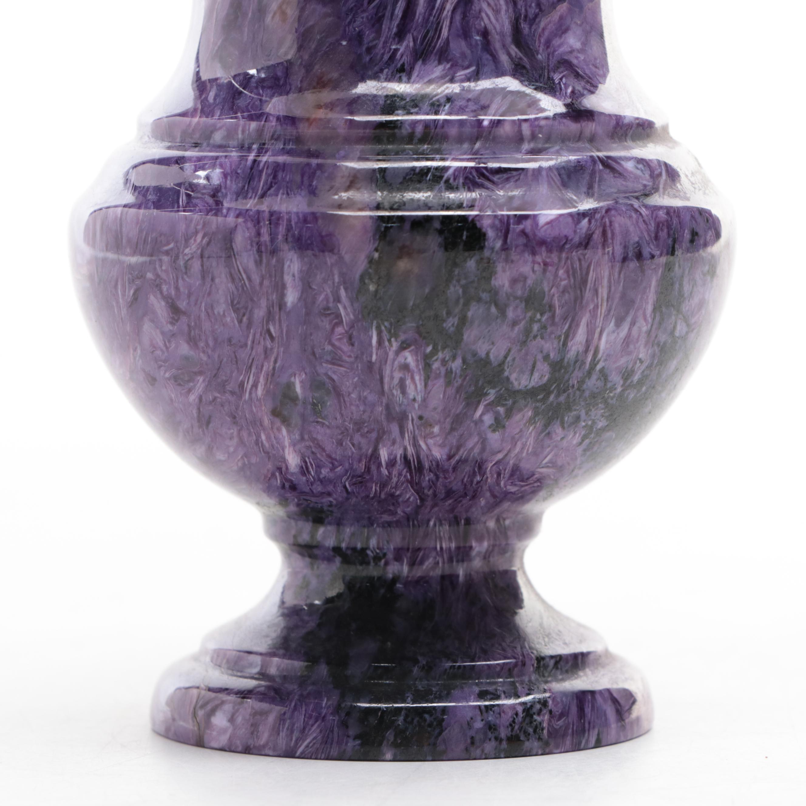Carved Polished Charoite Urn Vase