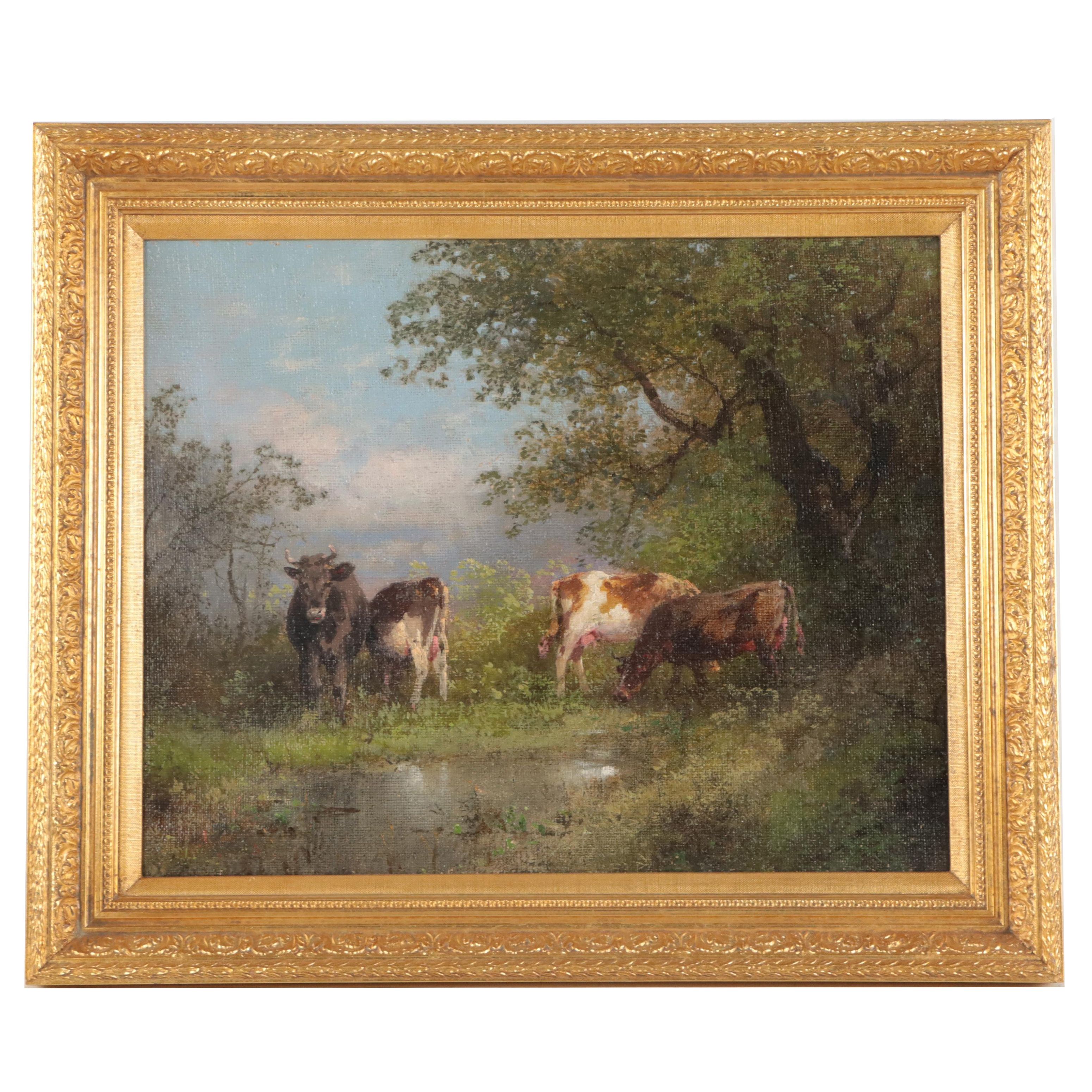 Pastoral Landscape Oil Painting of Cows In Verdant Landscape
