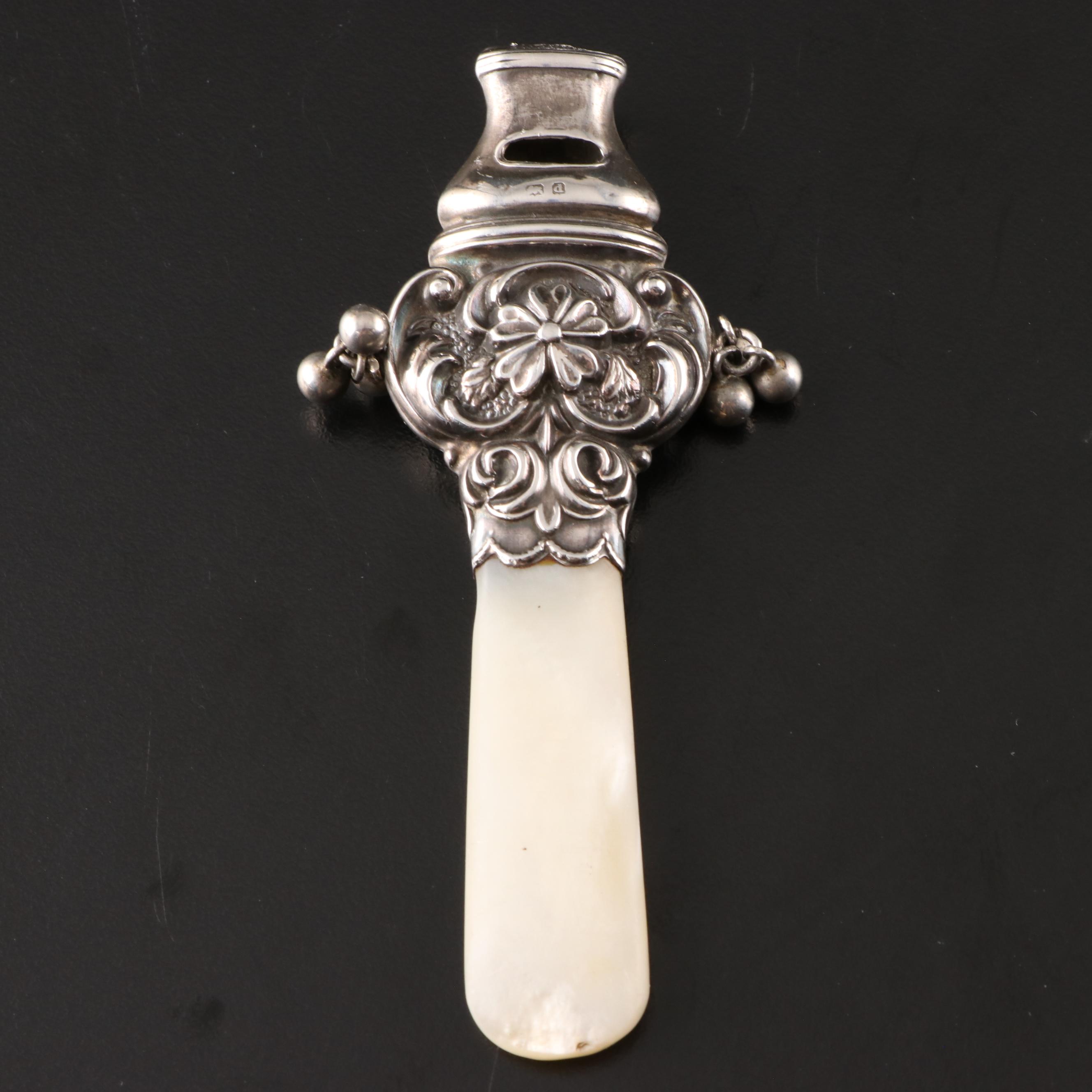 Sterling Silver and Mother-of-Pearl Rattle and Whistle, Early 20th Century
