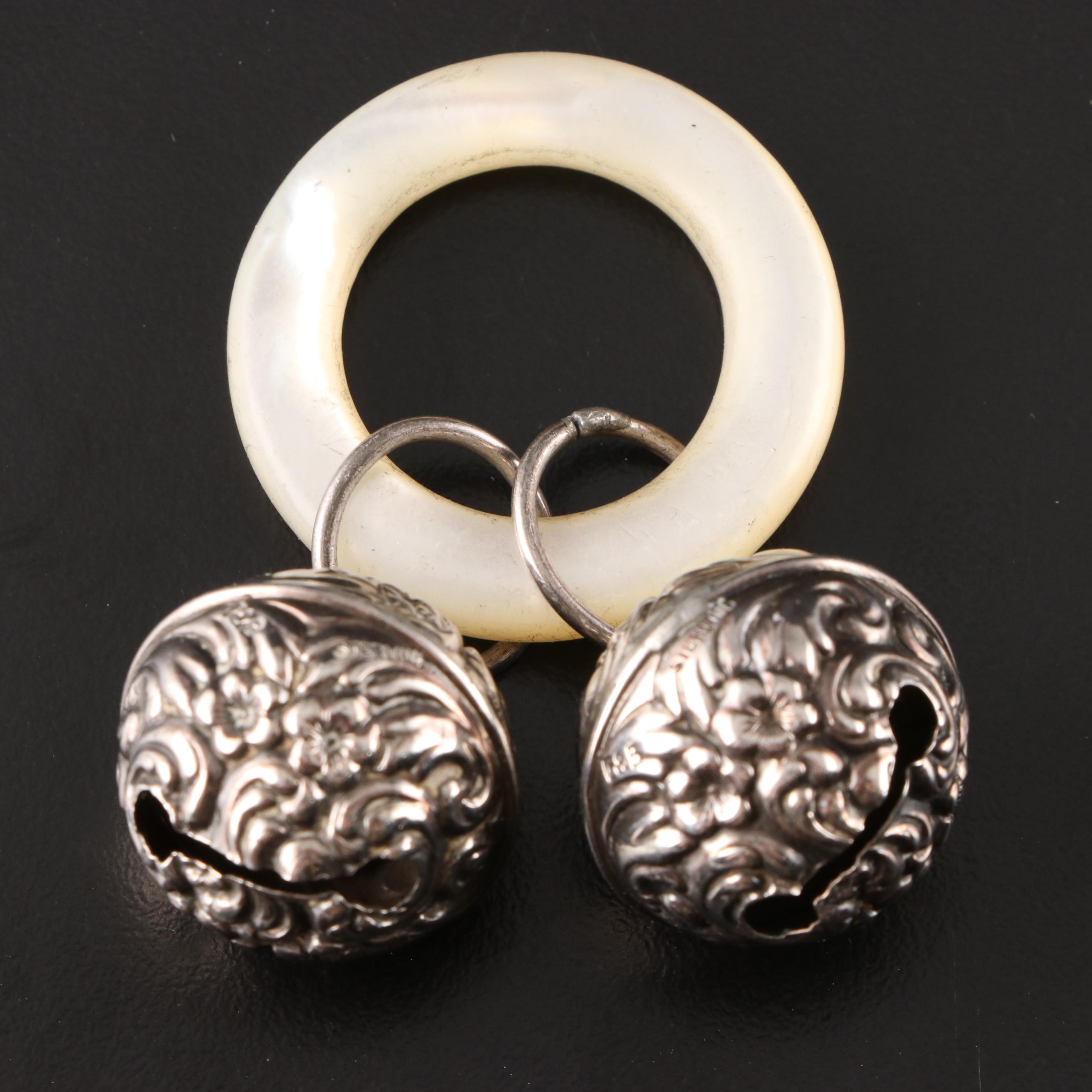 Sterling Silver and Mother-of-Pearl Rattle and Whistle, Early 20th Century