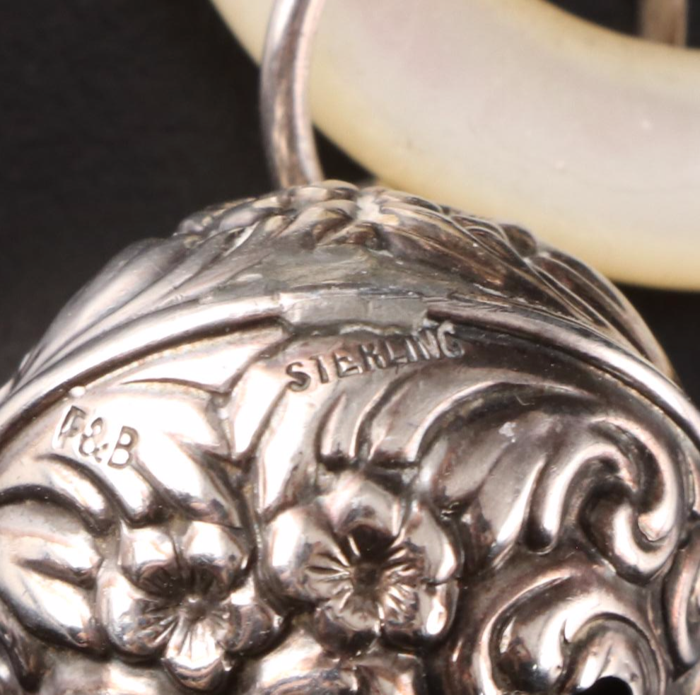 Sterling Silver and Mother-of-Pearl Rattle and Whistle, Early 20th Century